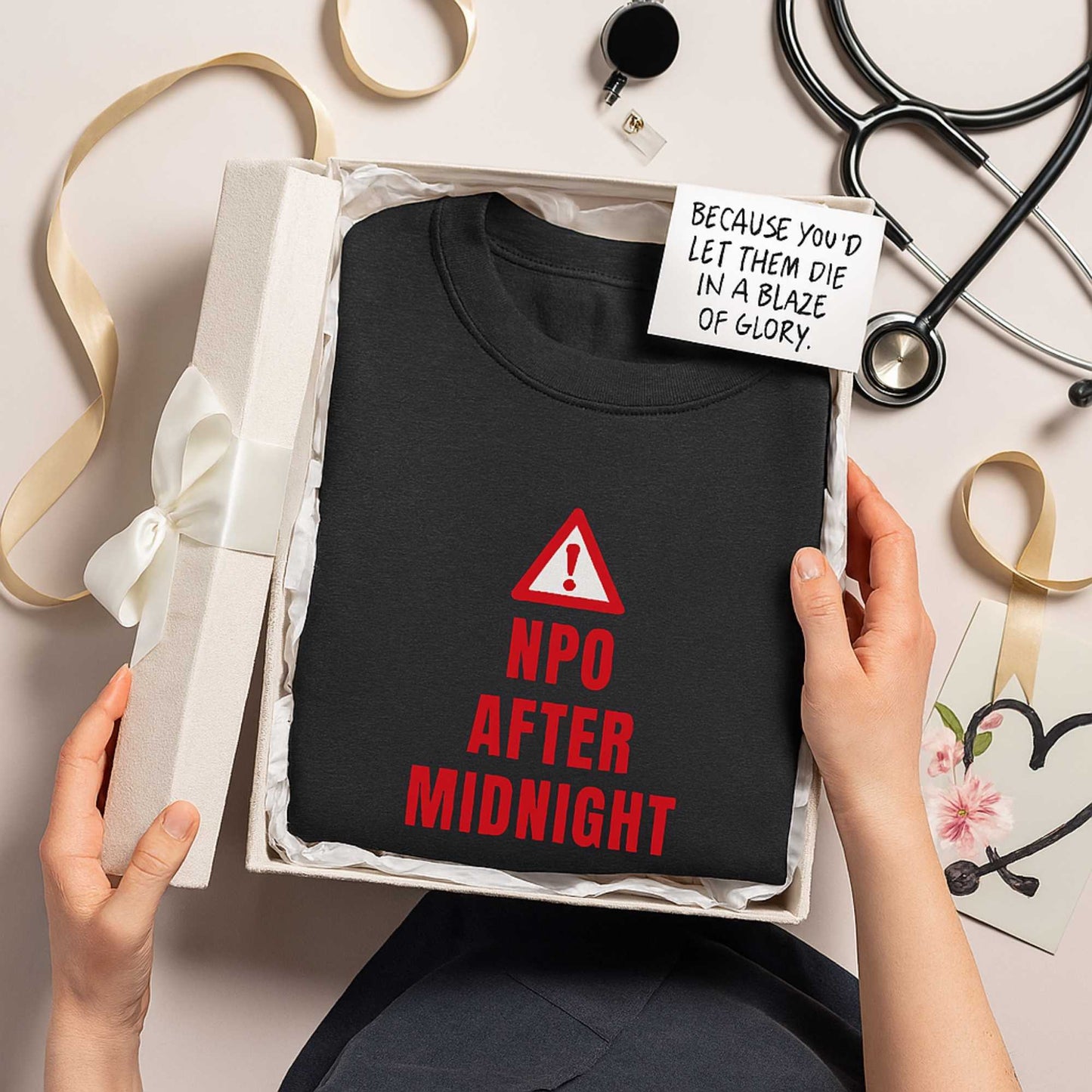 Funny ER nurse gift — heavyweight nurse burnout sweatshirt reading "NPO after midnight. Except for trauma an"