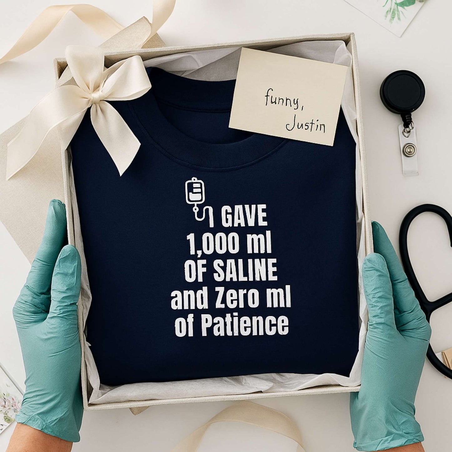 Funny shift nurse gift — heavyweight nurse burnout sweatshirt reading "1,000 ml of saline. Zero ml of patience"