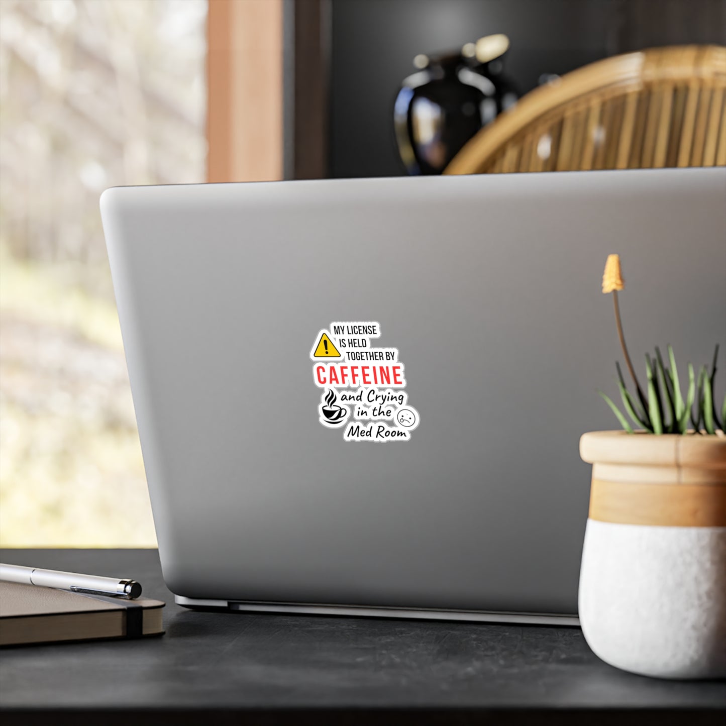 Funny ER nurse gift — 3-inch vinyl nurse sticker reading "Caffeine in one hand, crying in the othe"
