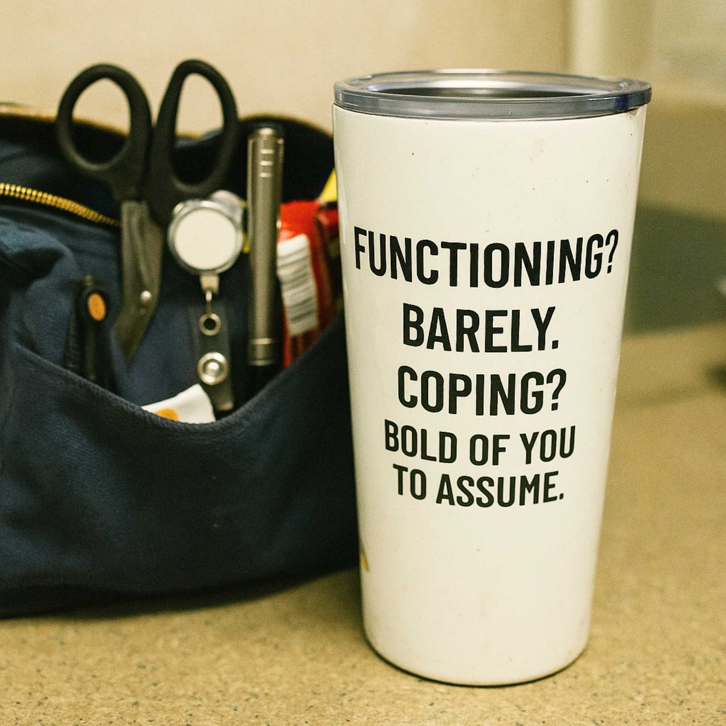 Funny shift nurse gift — 20oz stainless steel nurse tumbler reading "Held together by caffeine and a slow-mot"