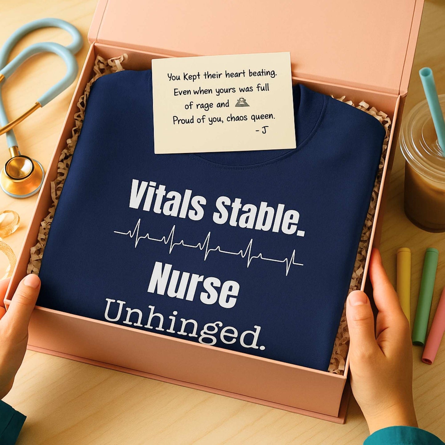 Funny tele nurse gift — heavyweight nurse burnout sweatshirt reading "Vitals stable. Nurse: unhinged. Hoodie e"