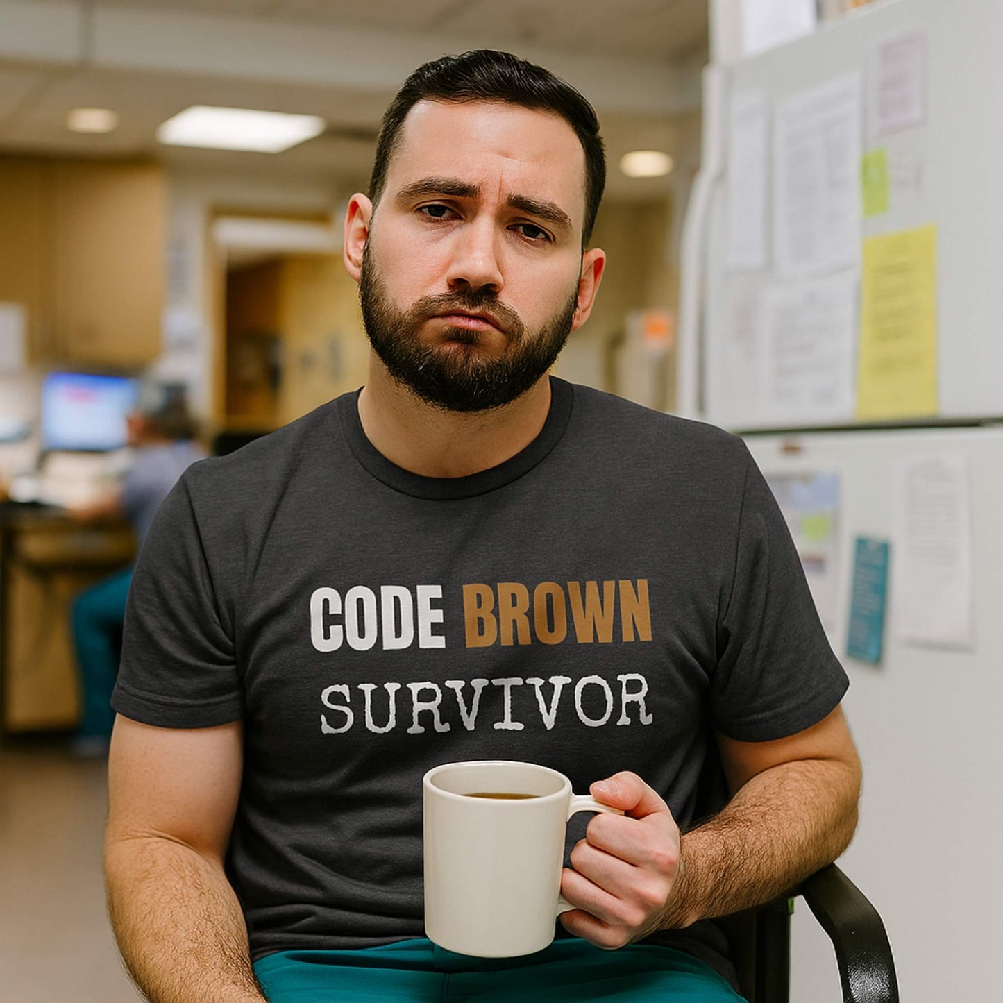 Funny ICU nurse gift — cotton nurse t-shirt reading "Code Brown survivor. Fecal warfare. Veri"