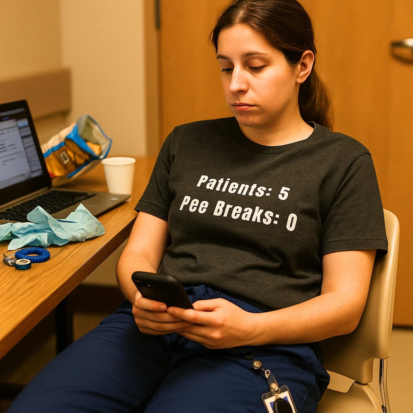 Funny ER nurse gift — cotton nurse t-shirt reading "Patients: 5. Pee breaks: 0. Lunch: chart"