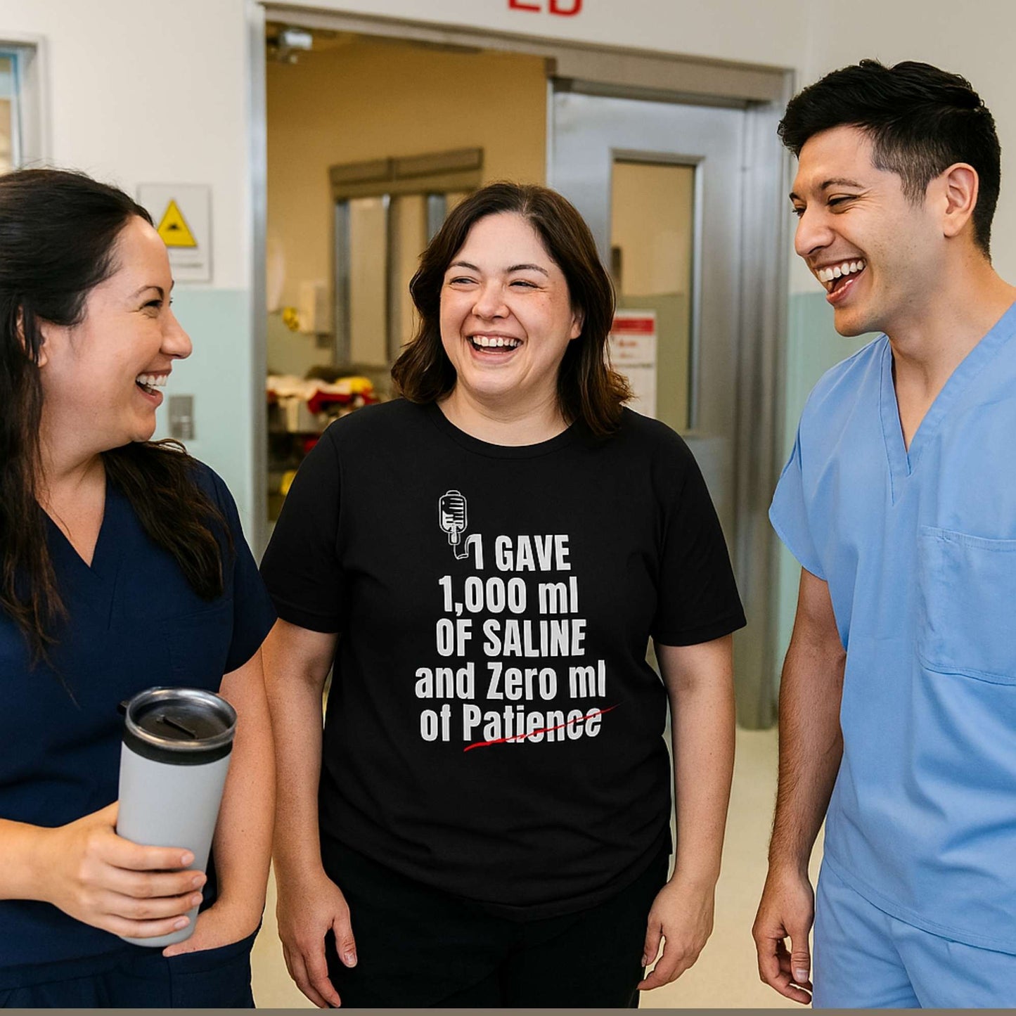 Funny ER nurse gift — cotton nurse t-shirt reading "1,000ml of saline. 0ml of patience"