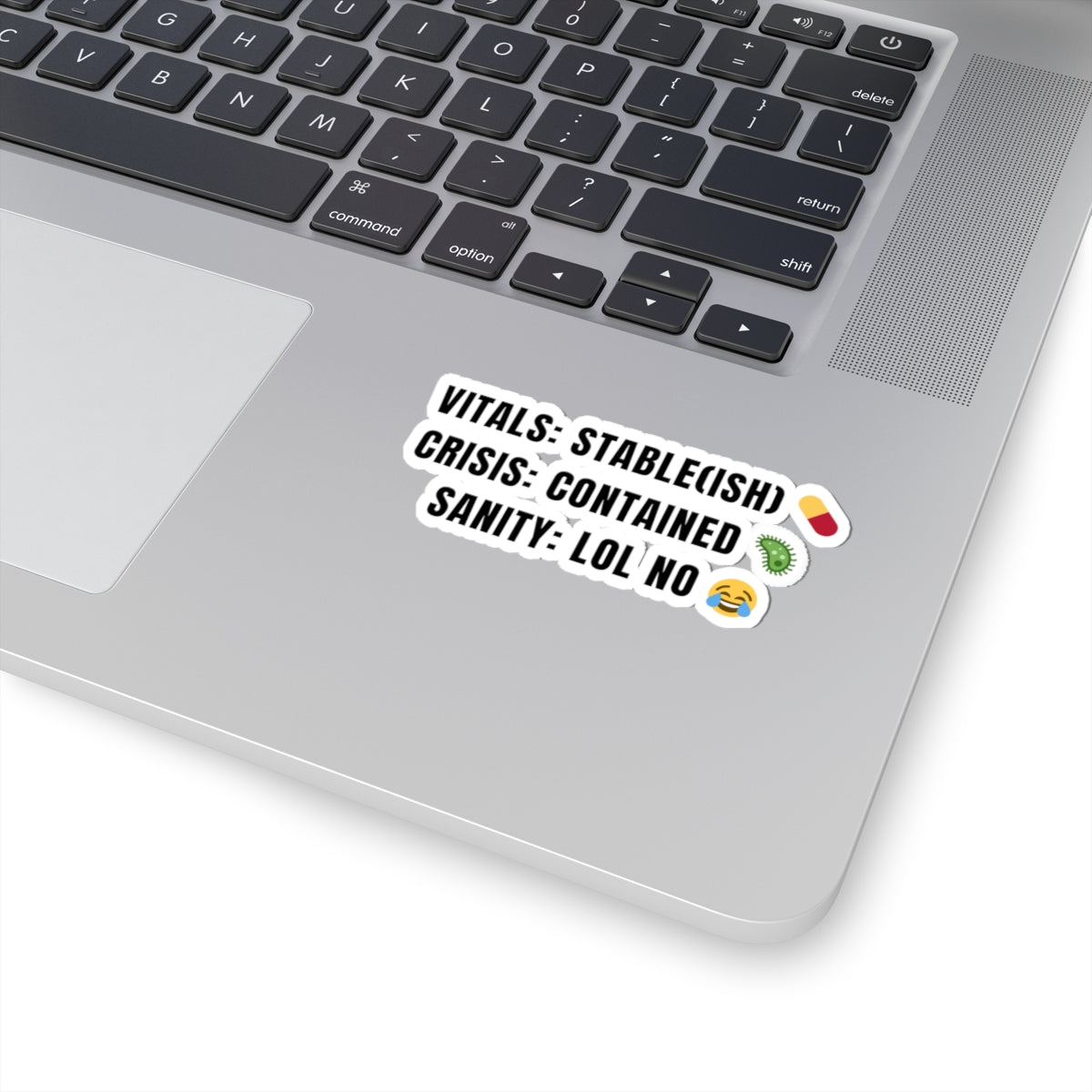 Funny ER nurse gift — 3-inch vinyl nurse sticker reading "Vitals: stable(ish). Crisis: contained. "