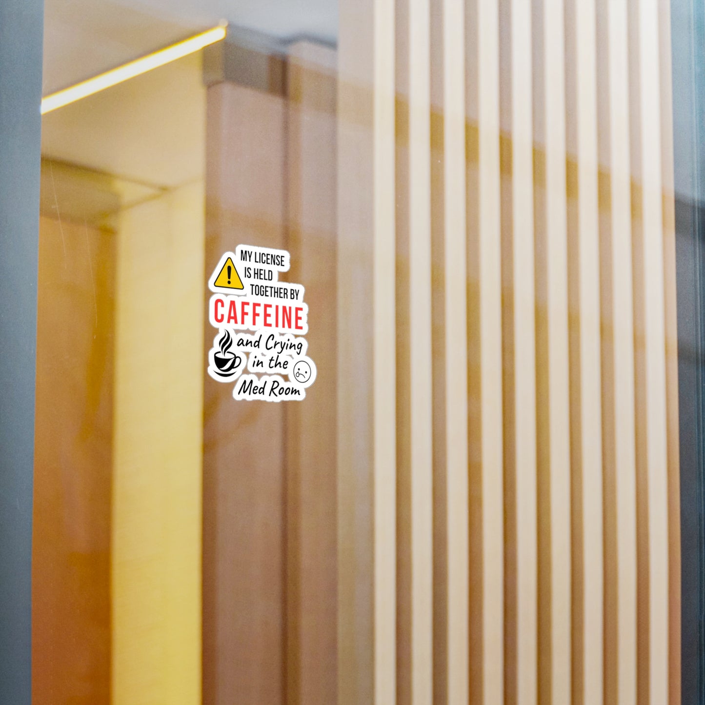 Funny ER nurse gift — 3-inch vinyl nurse sticker reading "Caffeine in one hand, crying in the othe"