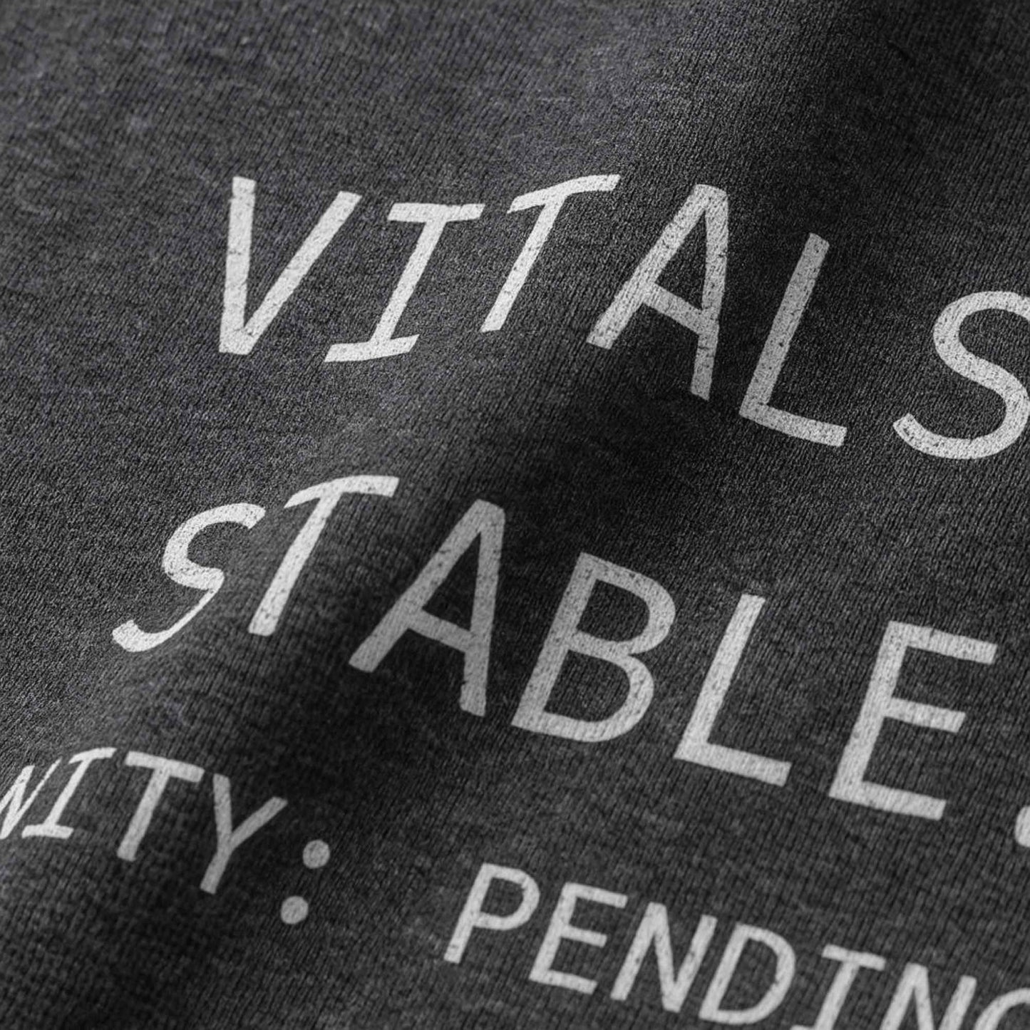 Funny Med-Surg nurse gift — heavyweight nurse burnout sweatshirt reading "Vitals stable. Sanity: pending. The hood"