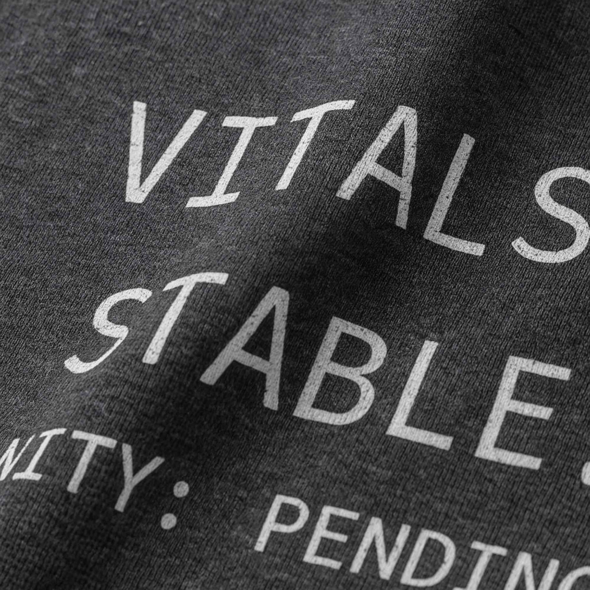 Funny Med-Surg nurse gift — heavyweight nurse burnout sweatshirt reading "Vitals stable. Sanity: pending. The hood"