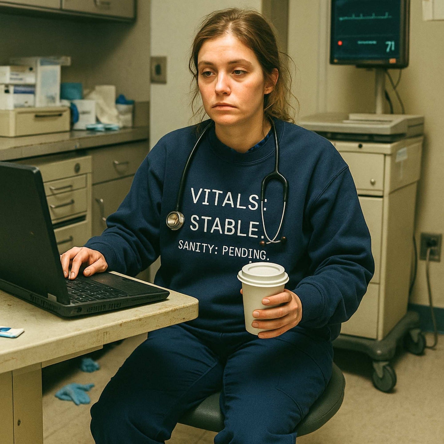Funny Med-Surg nurse gift — heavyweight nurse burnout sweatshirt reading "Vitals stable. Sanity: pending. The hood"