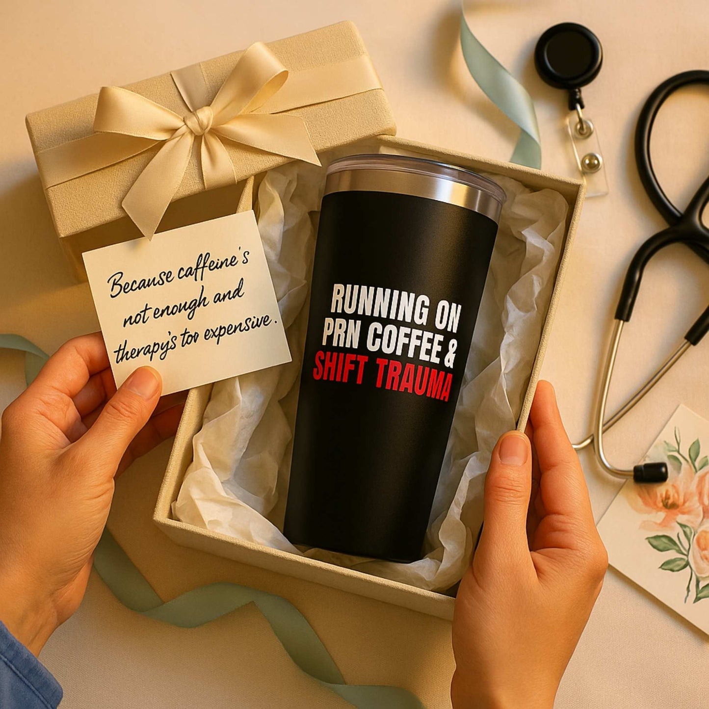 Funny ER nurse gift — 20oz stainless steel nurse tumbler reading "PRN coffee. Shift trauma. Same dose, eve"
