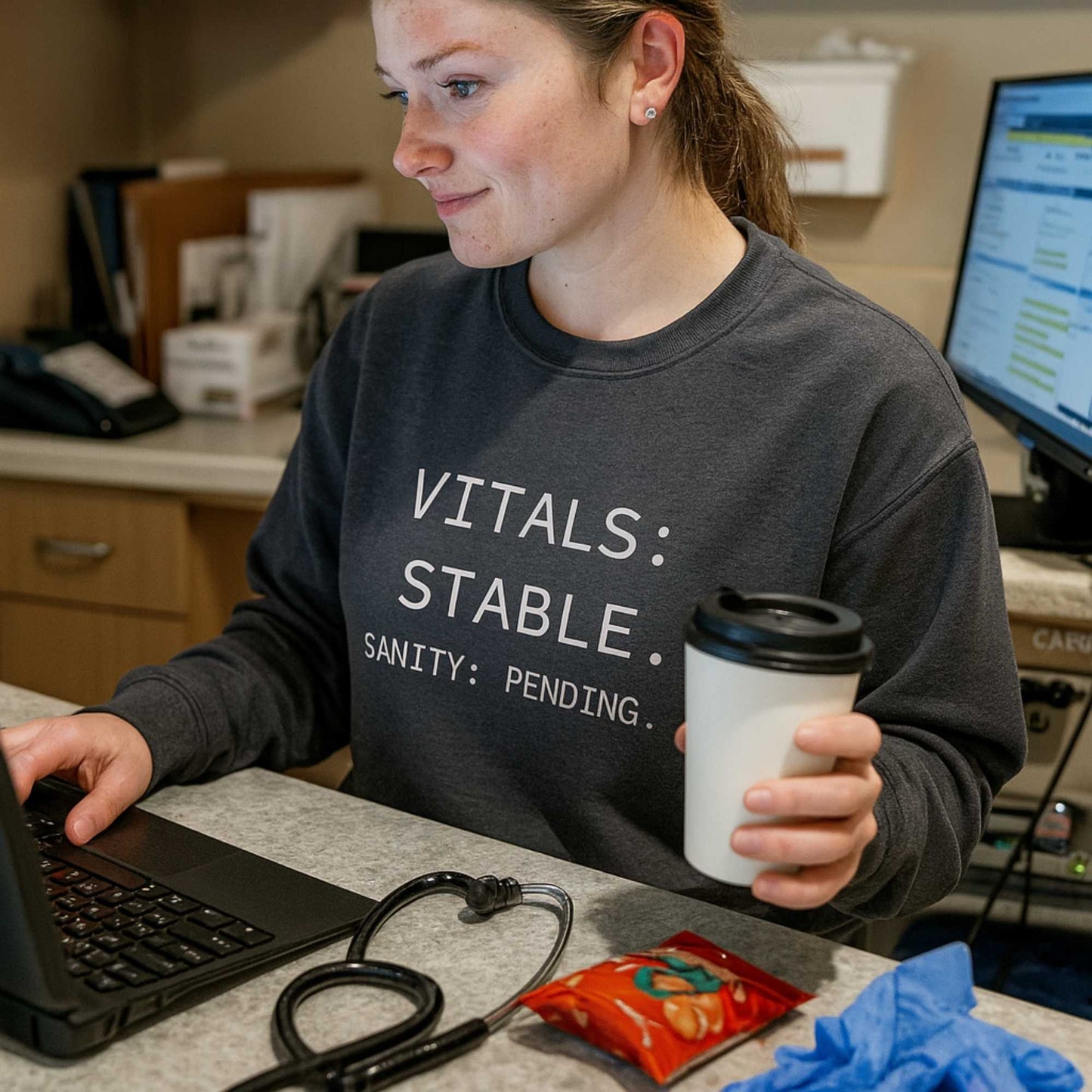 Funny Med-Surg nurse gift — heavyweight nurse burnout sweatshirt reading "Vitals stable. Sanity: pending. The hood"