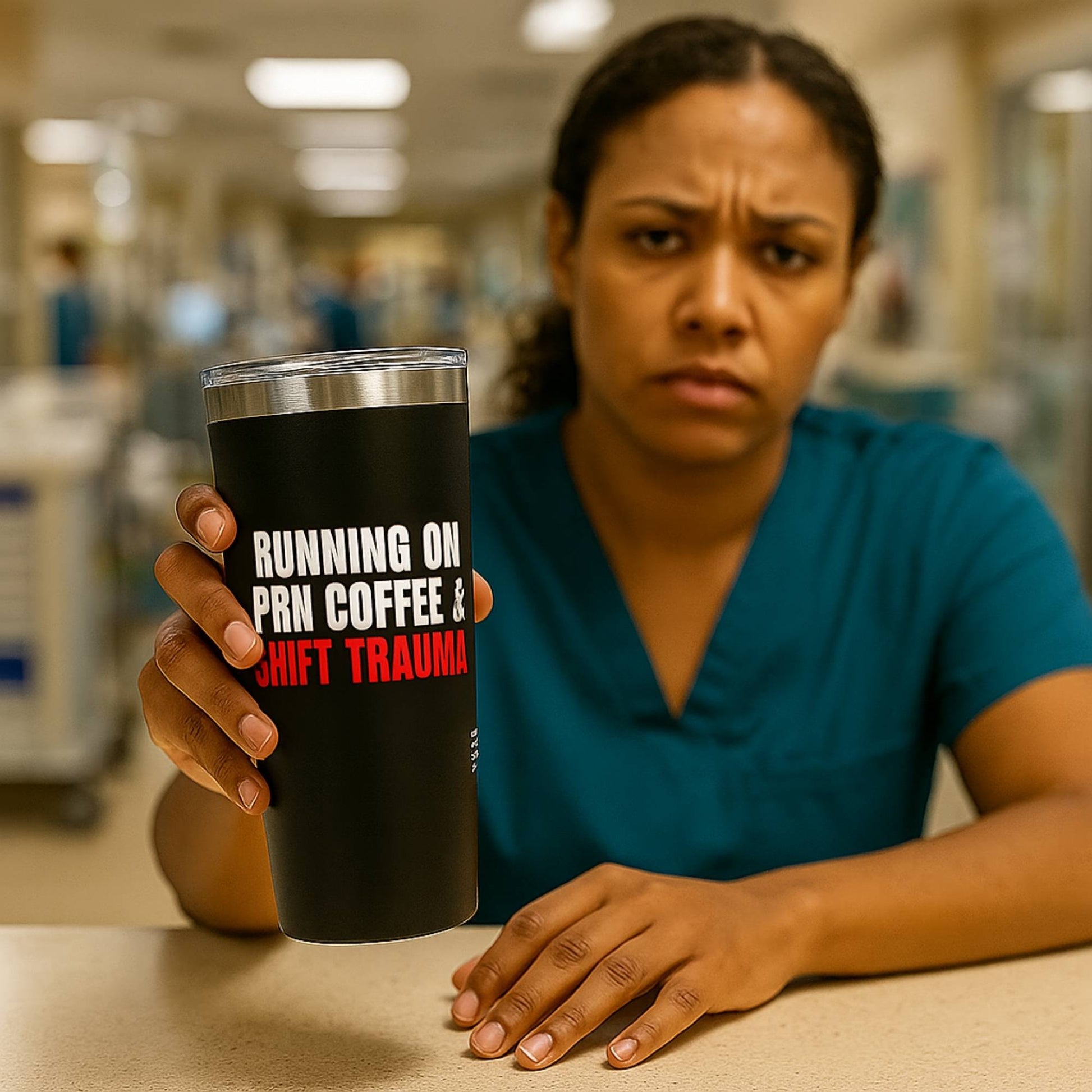 Funny ER nurse gift — 20oz stainless steel nurse tumbler reading "PRN coffee. Shift trauma. Same dose, eve"