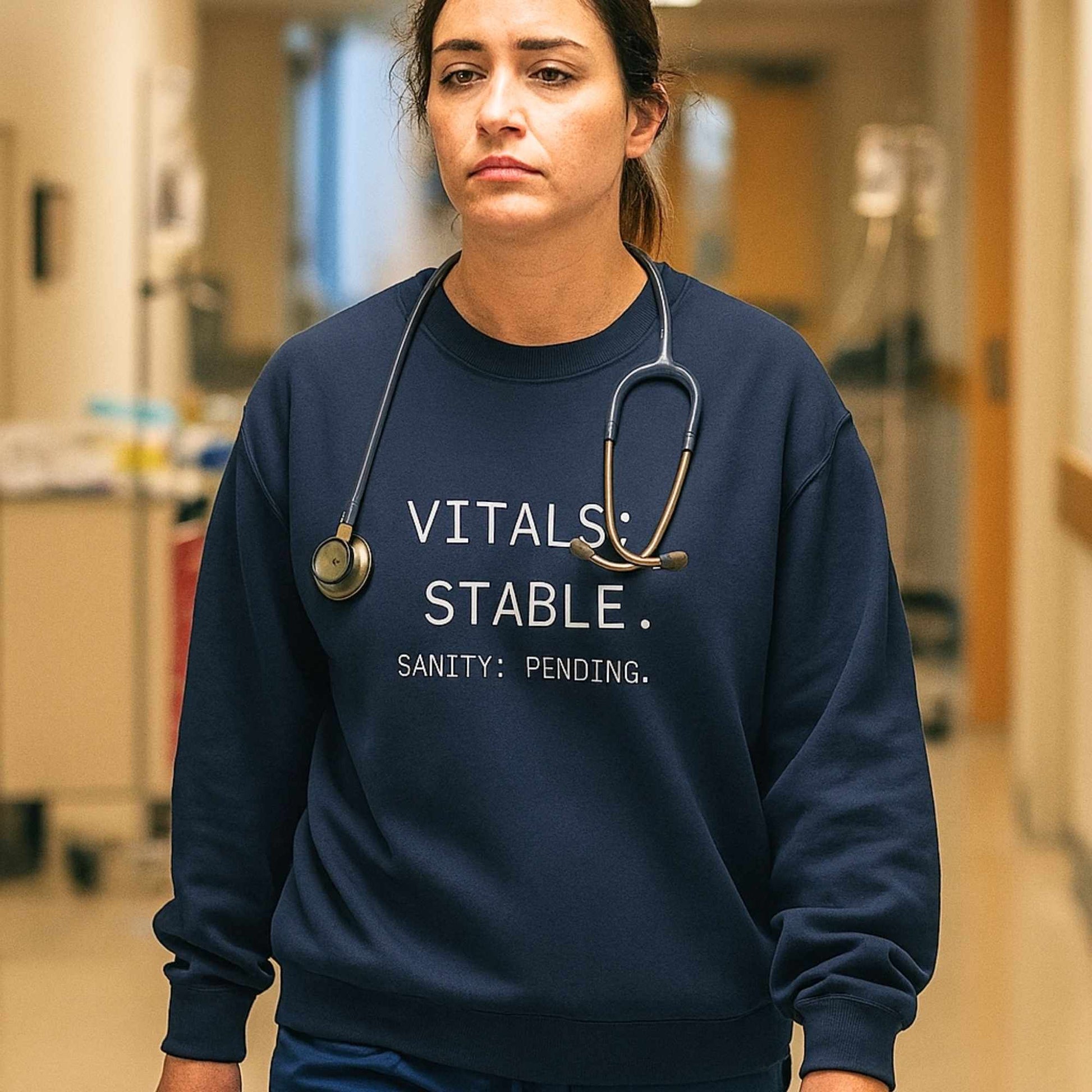 Funny Med-Surg nurse gift — heavyweight nurse burnout sweatshirt reading "Vitals stable. Sanity: pending. The hood"