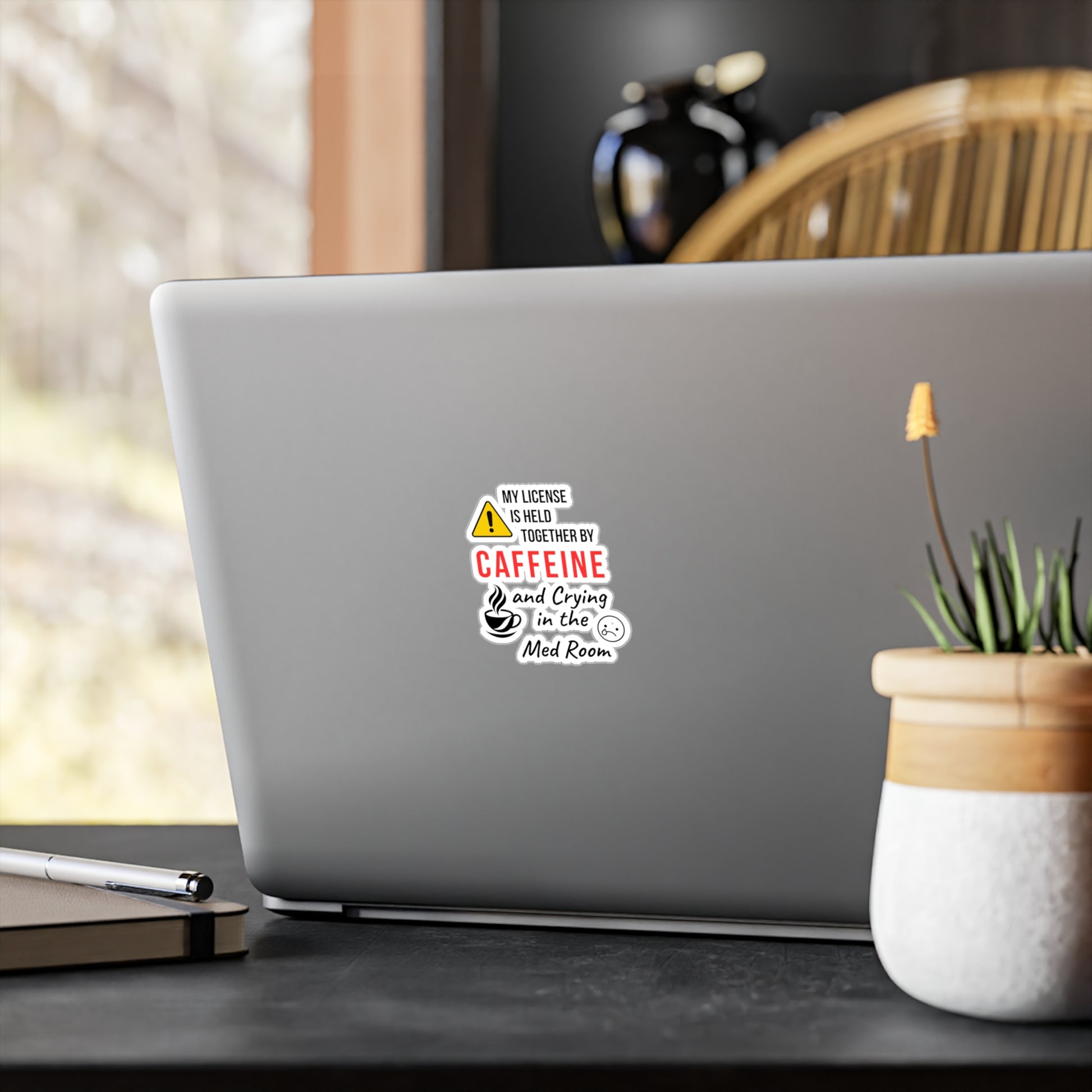 Funny ER nurse gift — 3-inch vinyl nurse sticker reading "Caffeine in one hand, crying in the othe"