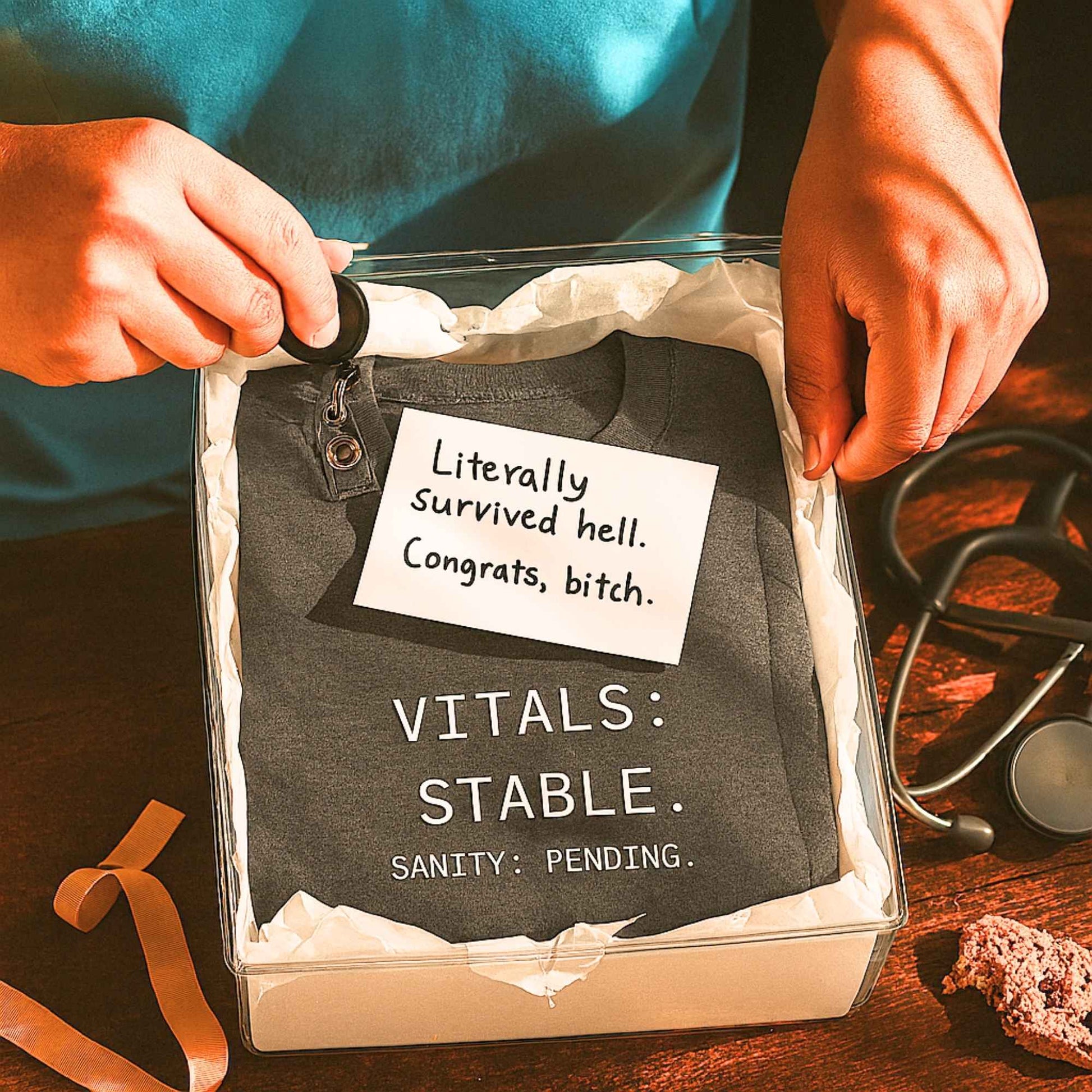 Funny Med-Surg nurse gift — heavyweight nurse burnout sweatshirt reading "Vitals stable. Sanity: pending. The hood"