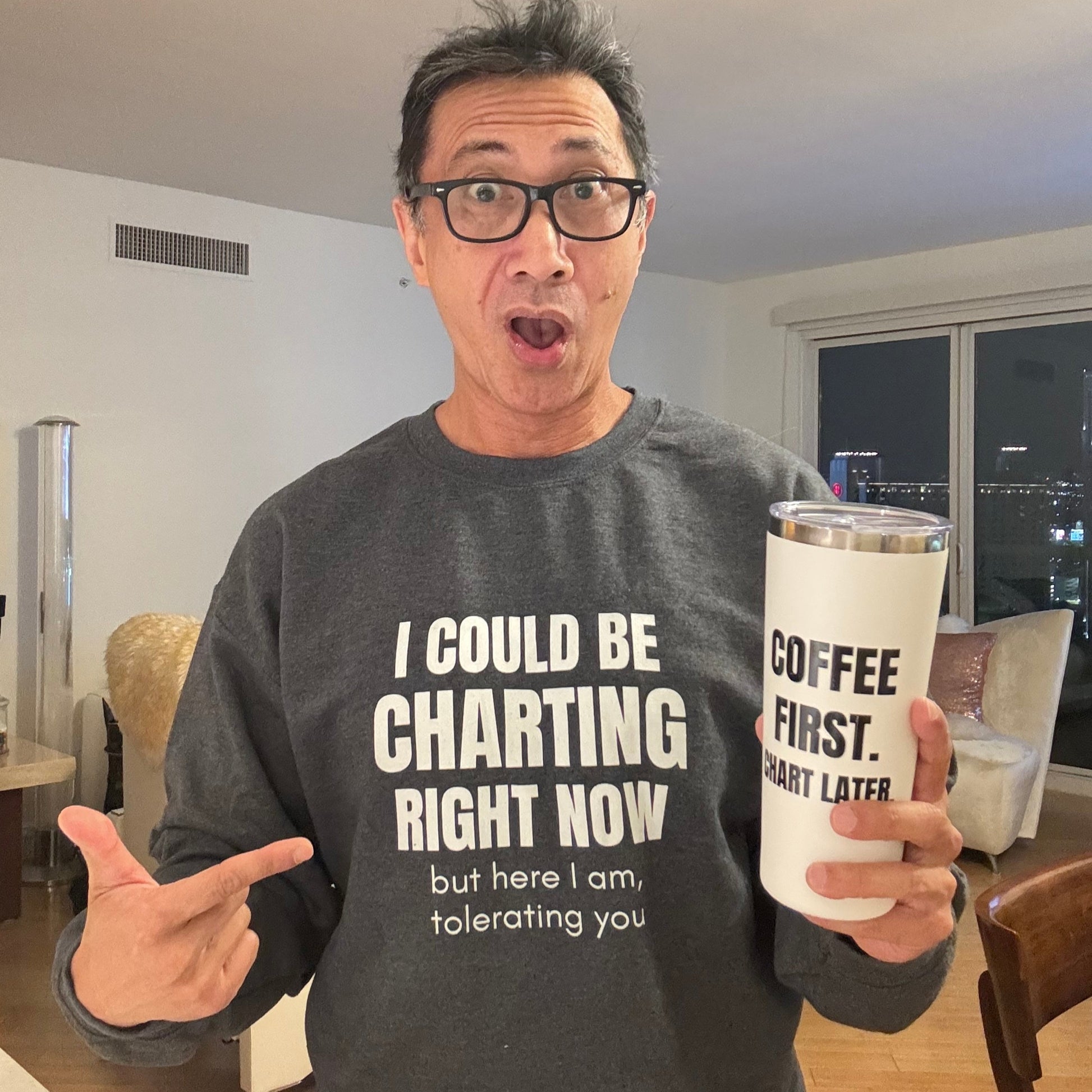 Funny shift nurse gift — heavyweight nurse burnout sweatshirt reading "I could be charting right now. I'm not. "