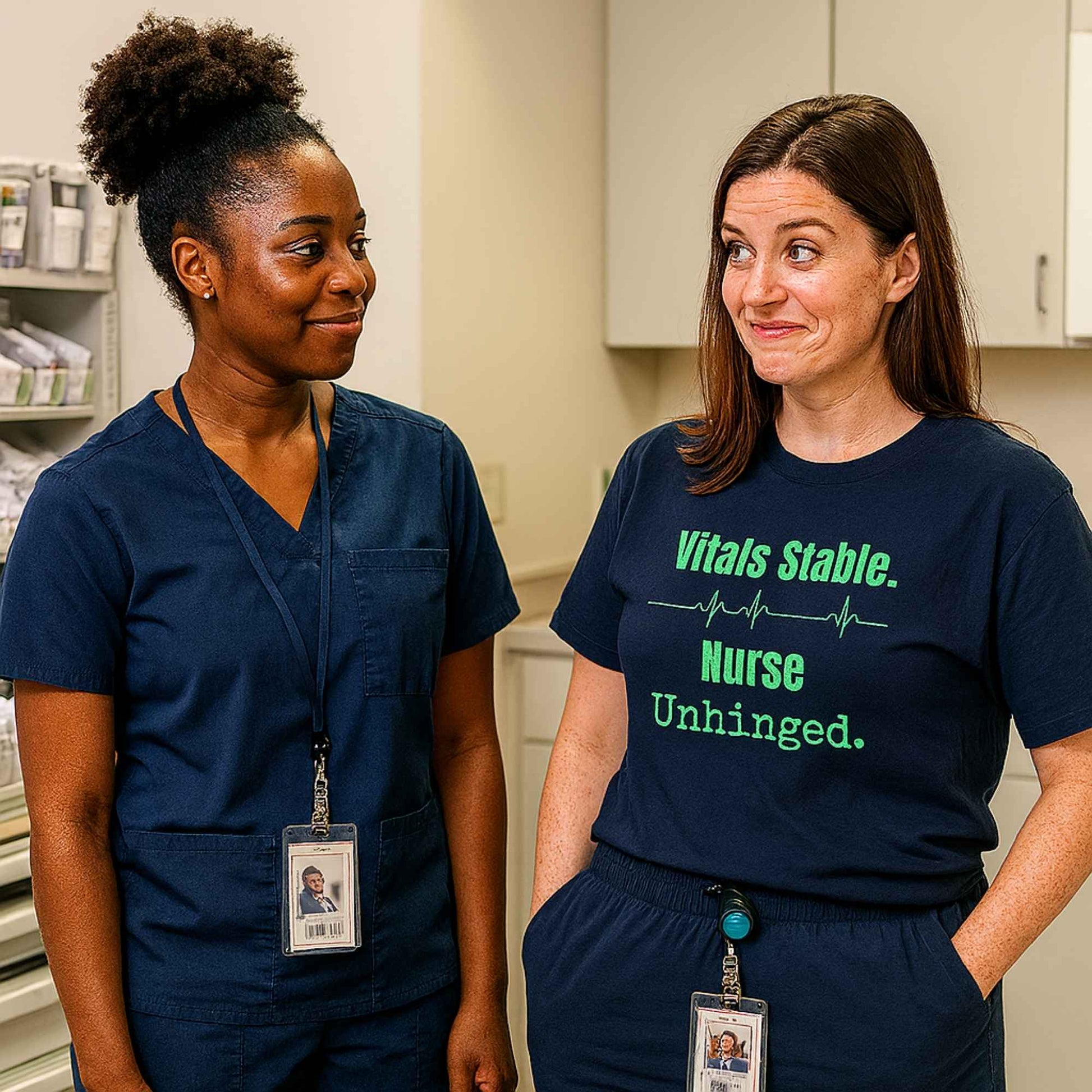 Funny ICU nurse gift — cotton nurse t-shirt reading "Vitals stable. Nurse: unhinged"