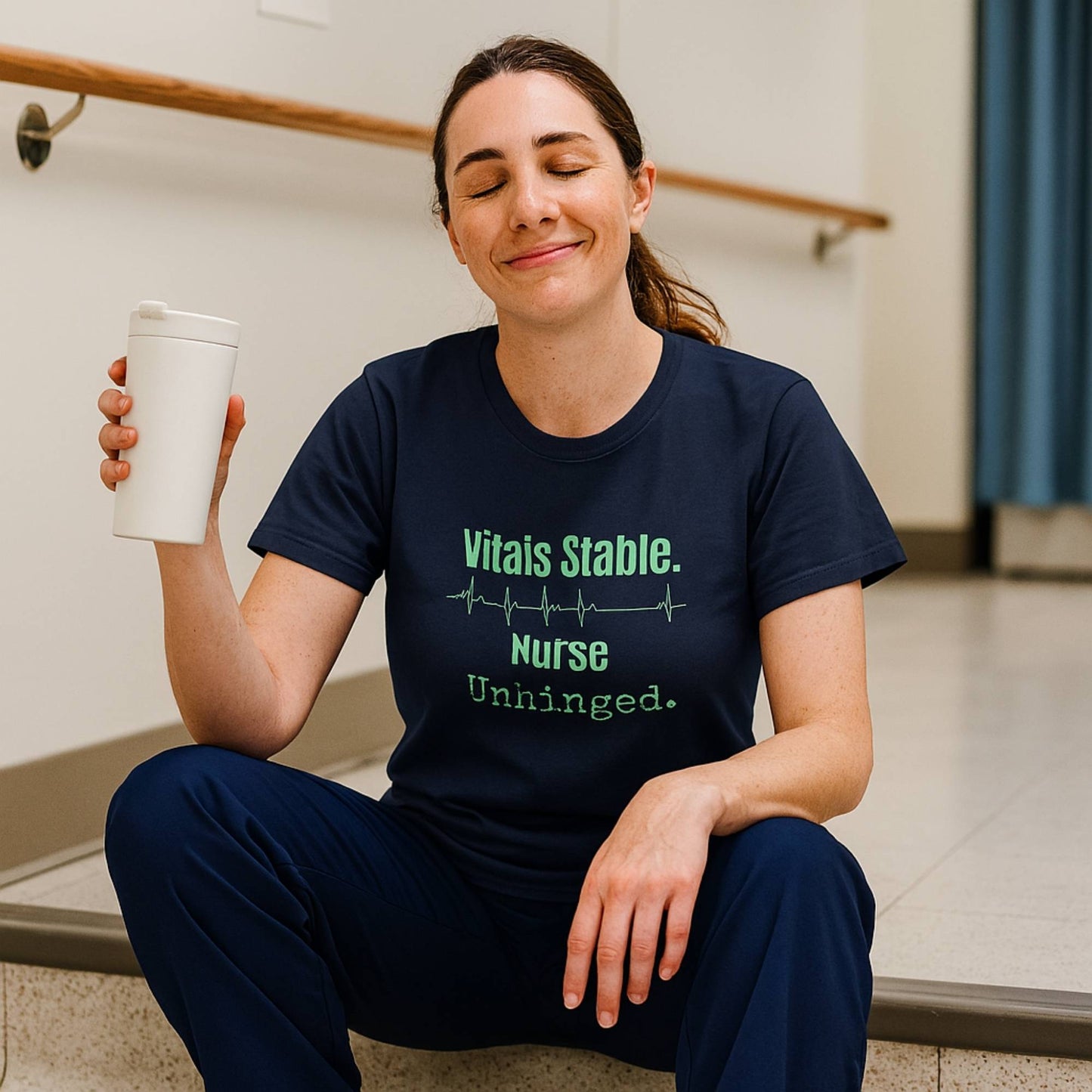 Funny ICU nurse gift — cotton nurse t-shirt reading "Vitals stable. Nurse: unhinged"