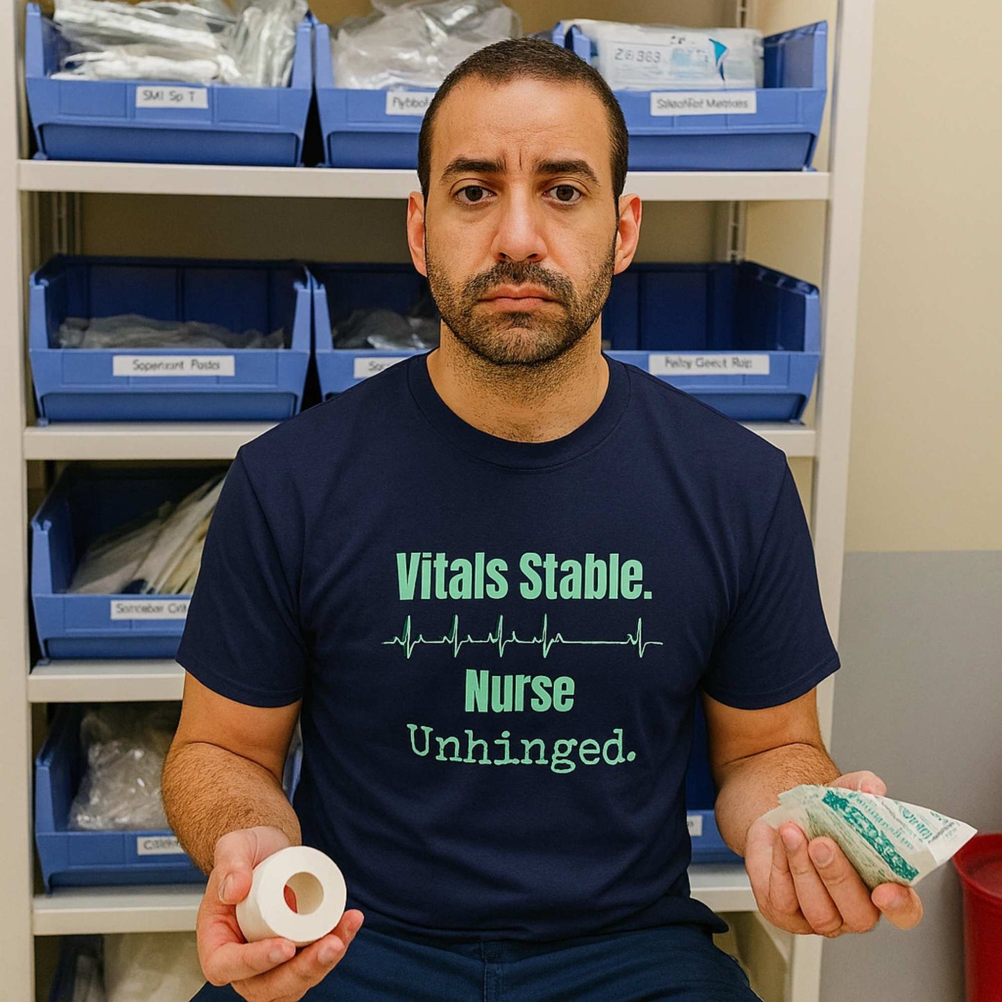 Funny ICU nurse gift — cotton nurse t-shirt reading "Vitals stable. Nurse: unhinged"
