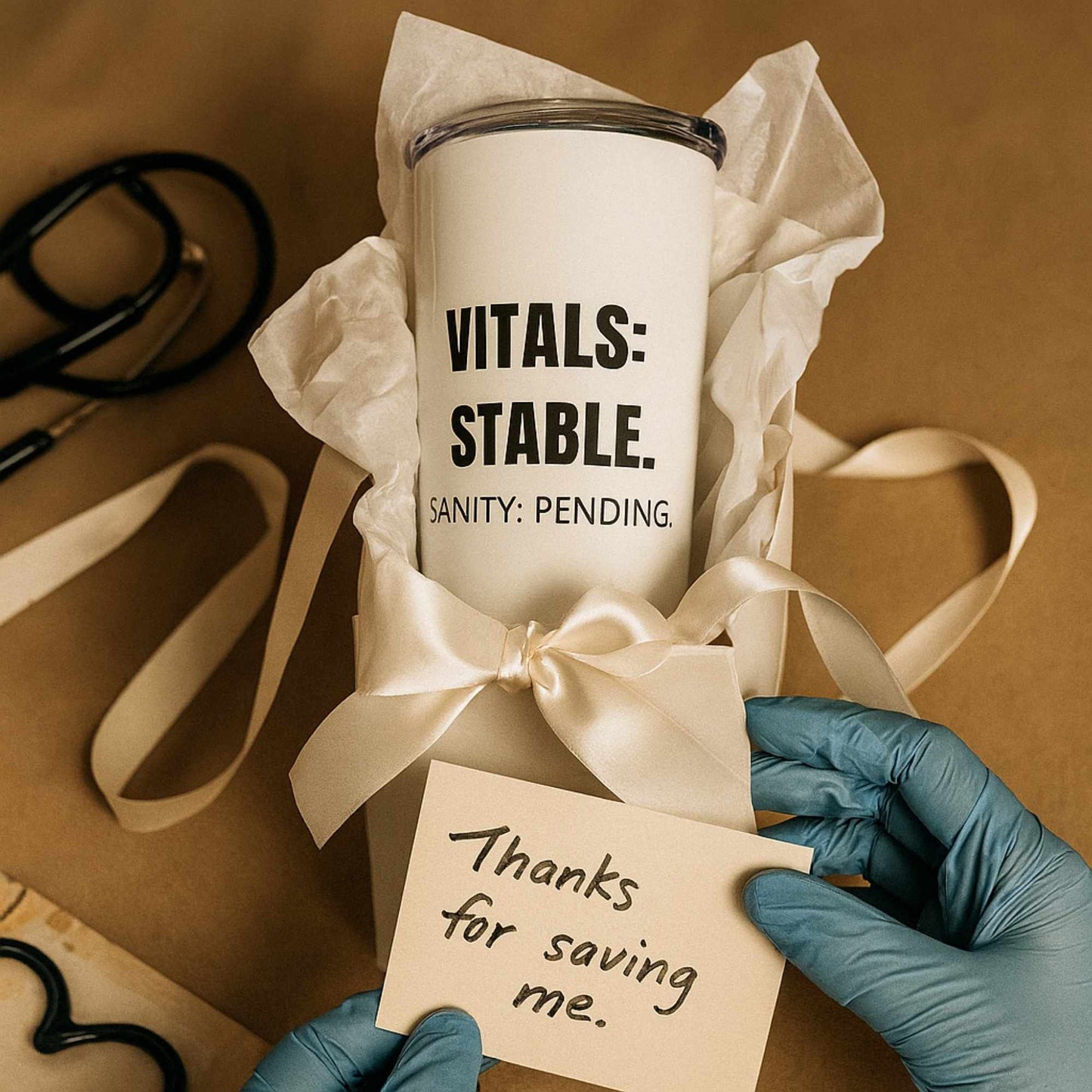 Funny ER nurse gift — 20oz stainless steel nurse tumbler reading "Vitals stable. Sanity: pending. White on"
