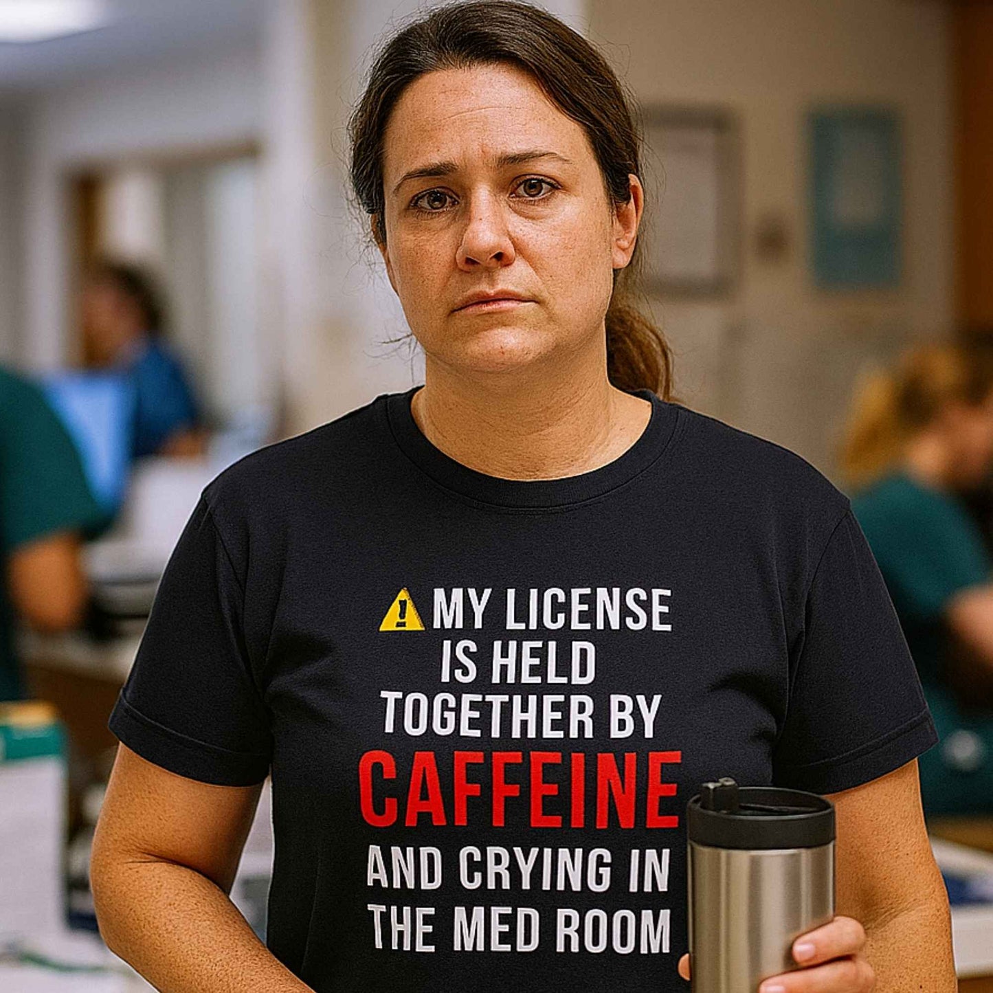 Funny OR nurse gift — cotton nurse t-shirt reading "Caffeine and crying. The full ER nurse c"