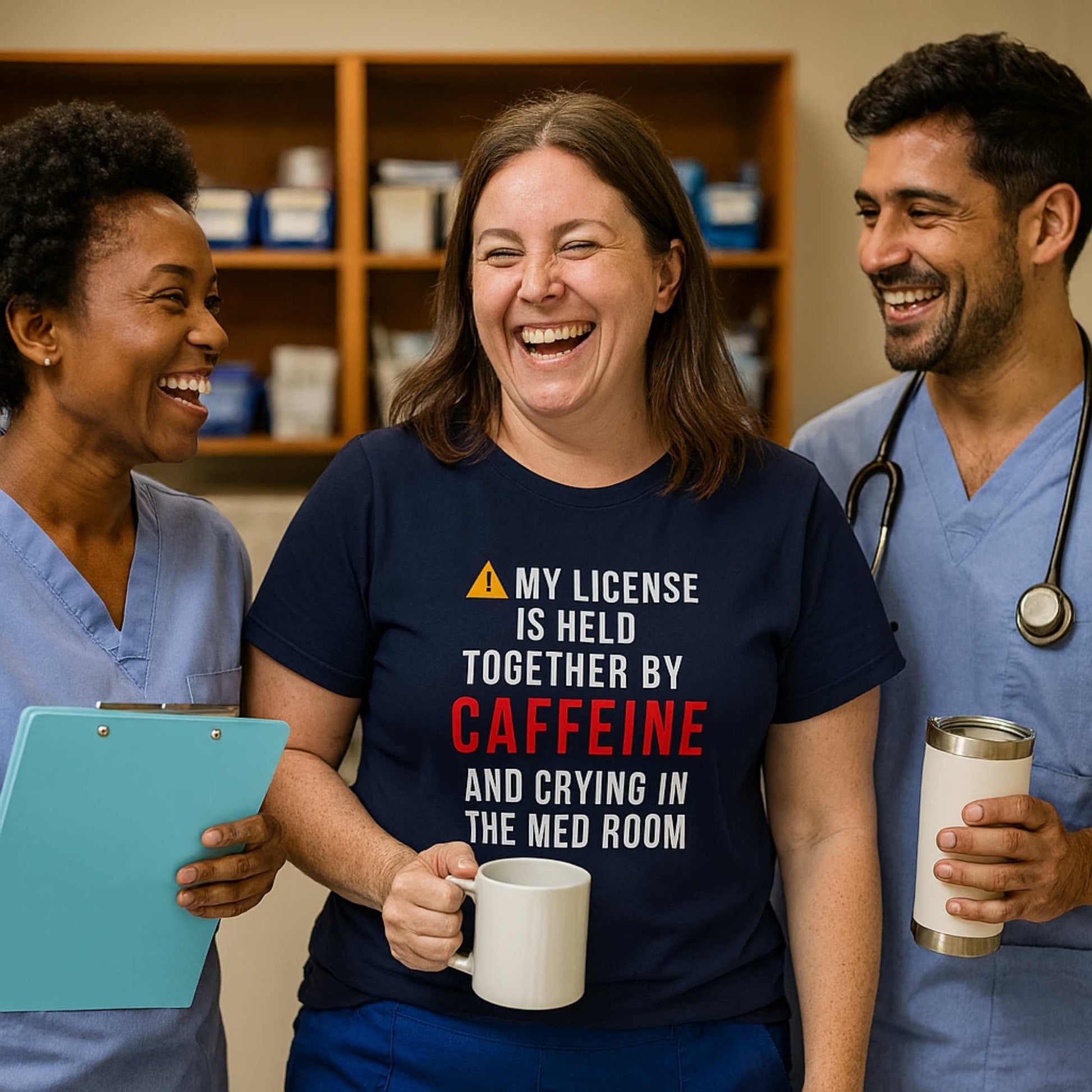 Funny OR nurse gift — cotton nurse t-shirt reading "Caffeine and crying. The full ER nurse c"