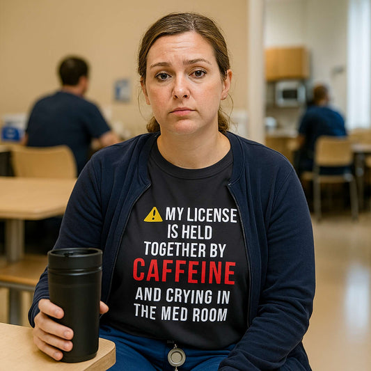 Funny OR nurse gift — cotton nurse t-shirt reading "Caffeine and crying. The full ER nurse c"