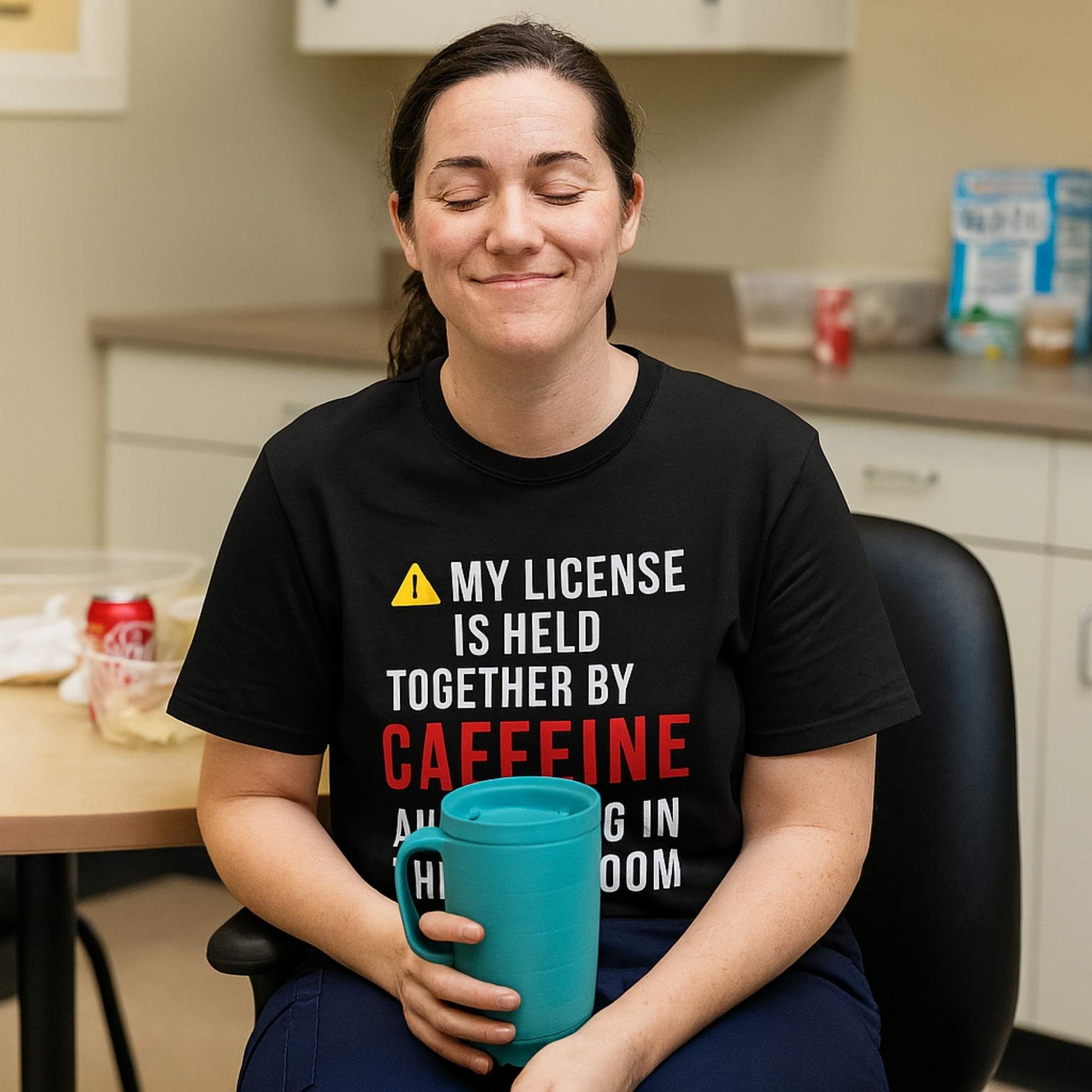 Funny OR nurse gift — cotton nurse t-shirt reading "Caffeine and crying. The full ER nurse c"