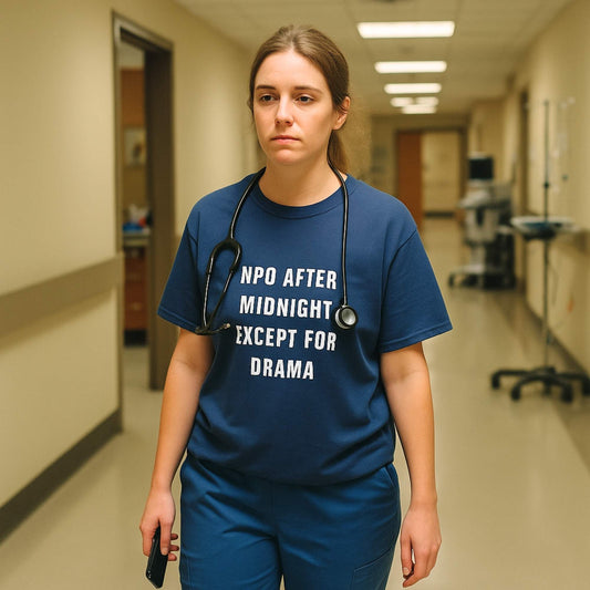 Funny ICU nurse gift — cotton nurse t-shirt reading "NPO after midnight. Except for drama"