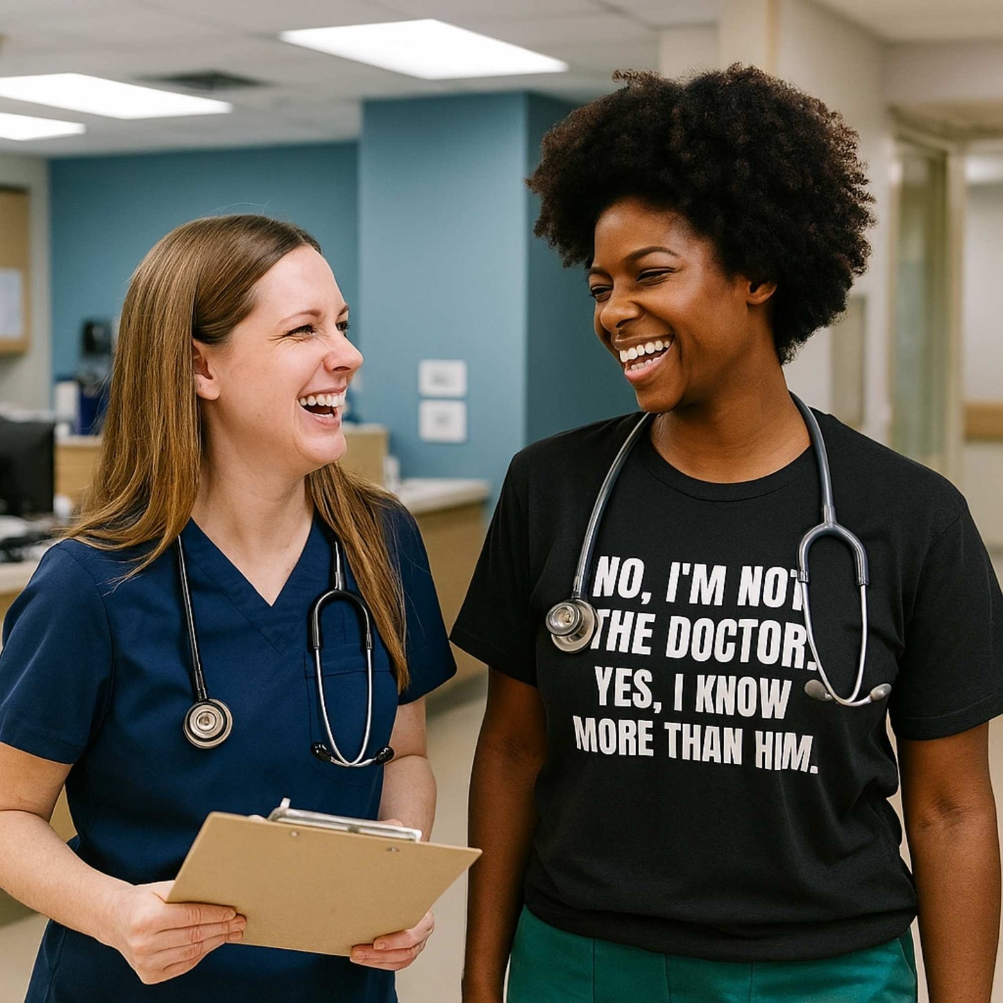 Funny shift nurse gift — cotton nurse t-shirt reading "Not the doctor. Know more than him"