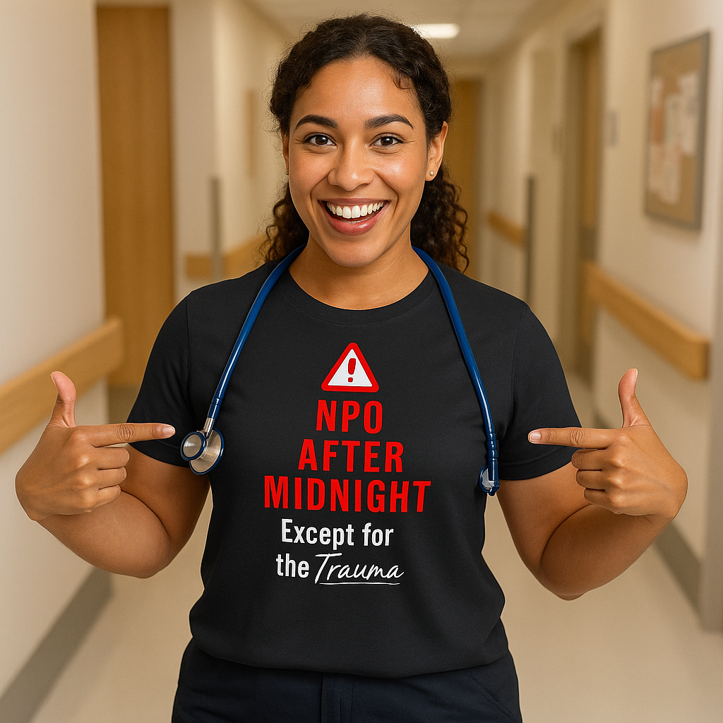 Funny ICU nurse gift — cotton nurse t-shirt reading "NPO after midnight. Except for trauma"