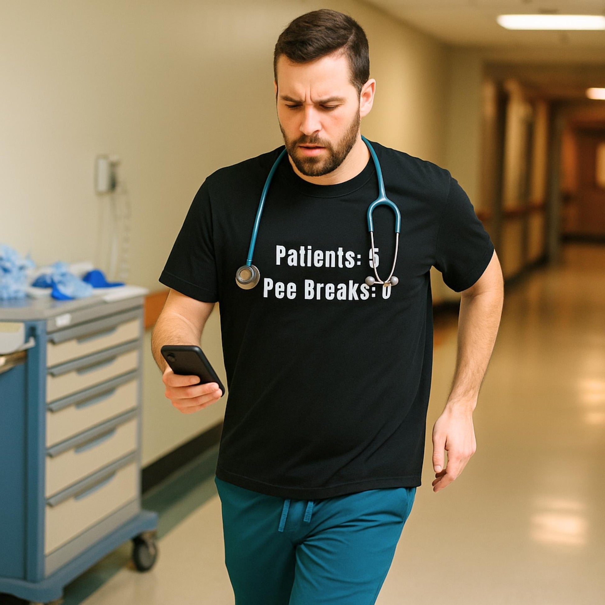 Funny ER nurse gift — cotton nurse t-shirt reading "Patients: 5. Pee breaks: 0. Lunch: chart"
