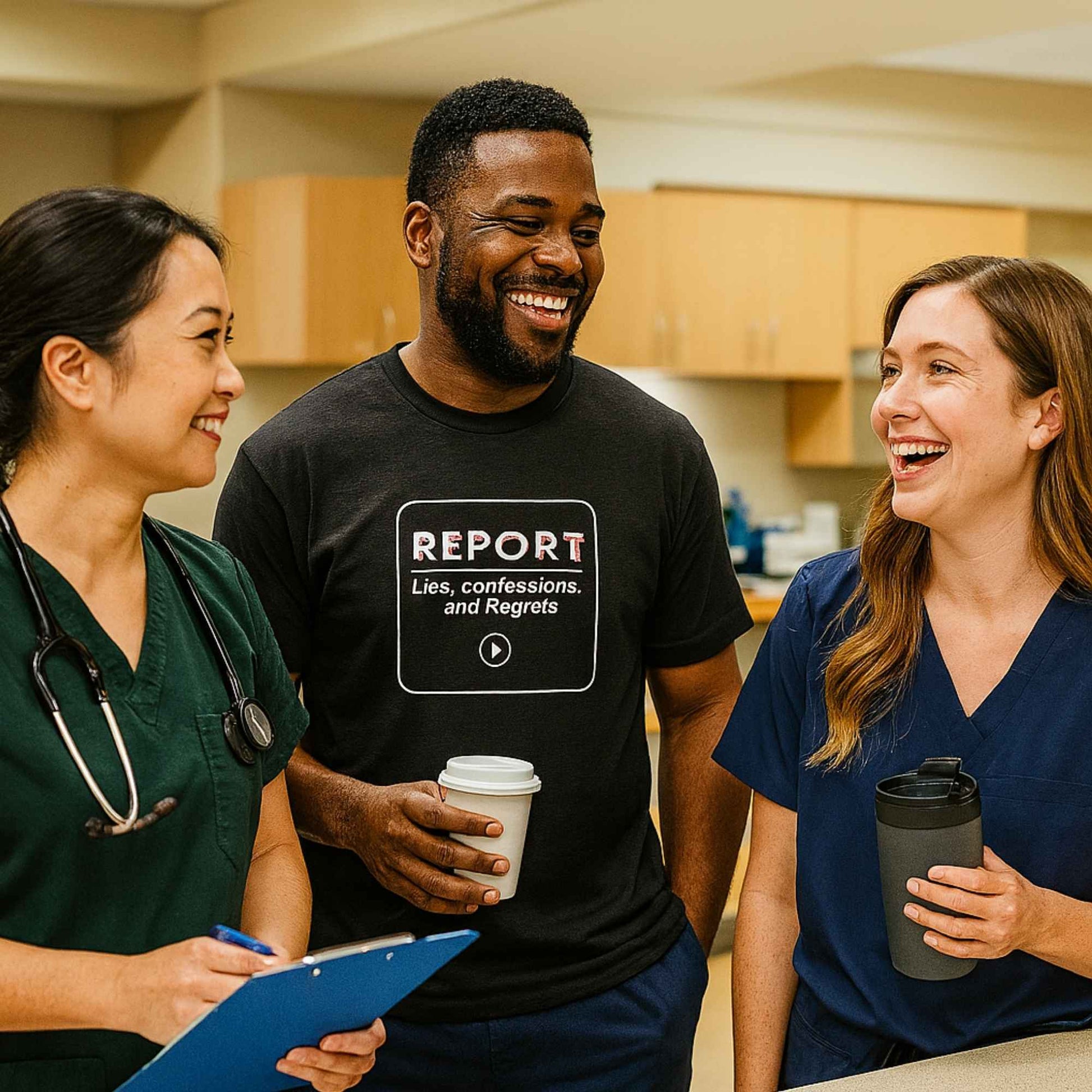 Funny ER nurse gift — cotton nurse t-shirt reading "I press REPORT. It's a 17-minute TED Tal"