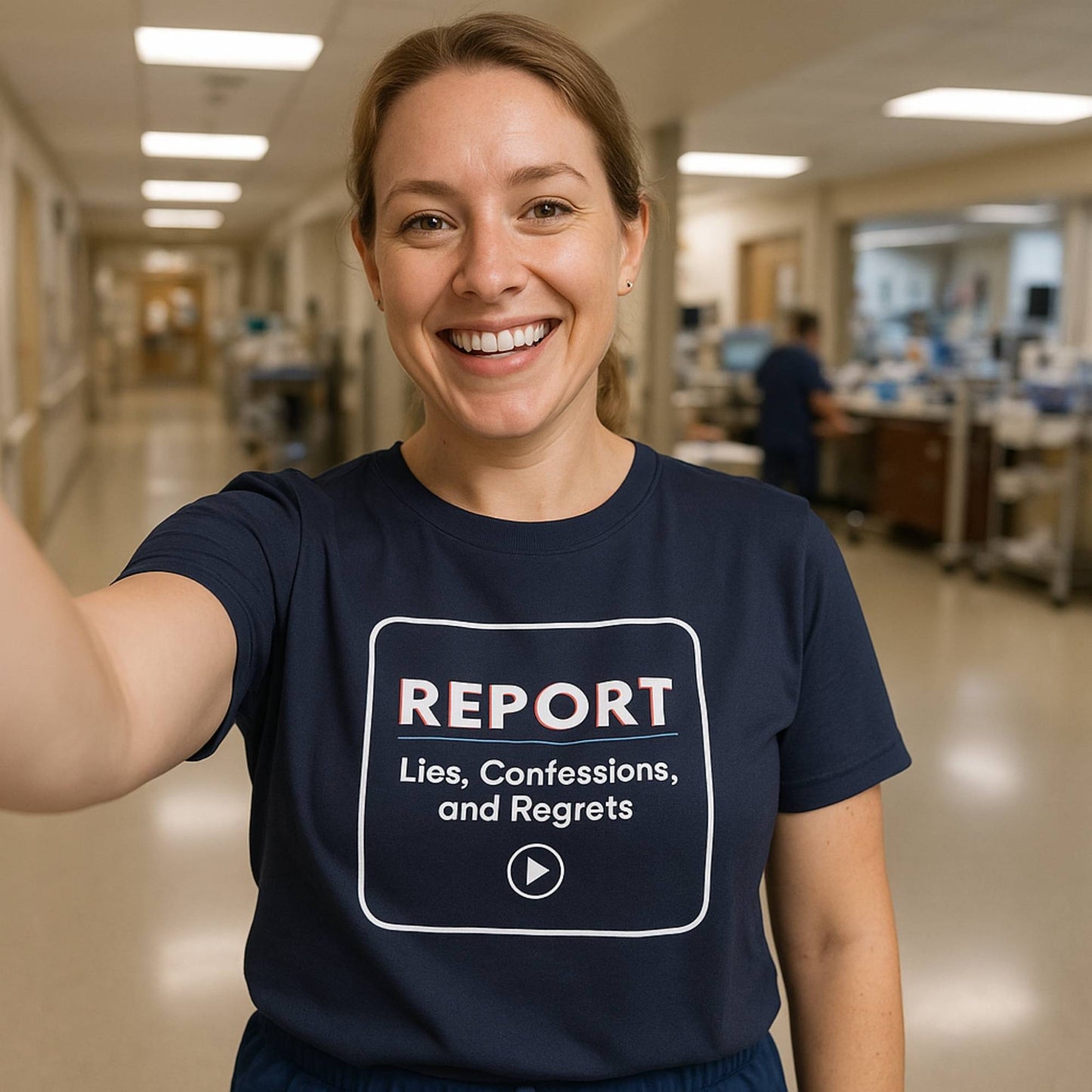 Funny ER nurse gift — cotton nurse t-shirt reading "I press REPORT. It's a 17-minute TED Tal"