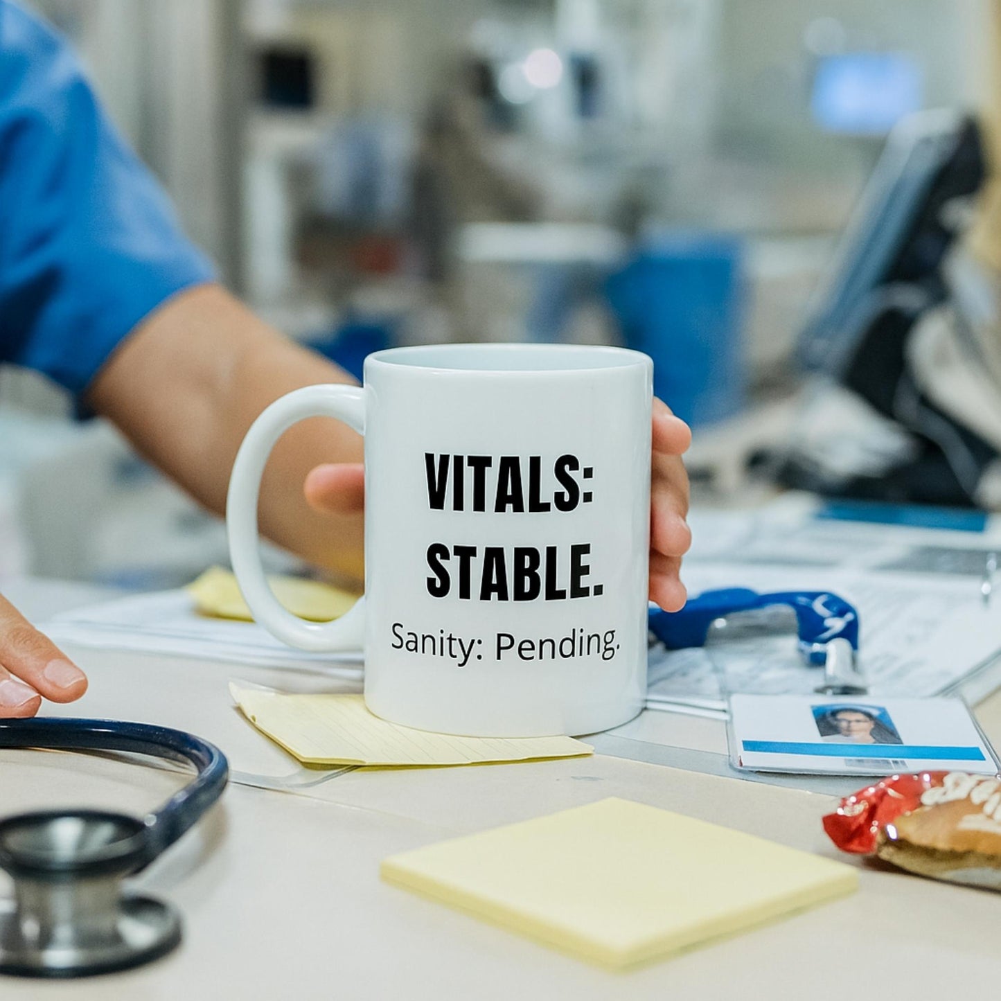 Funny tele nurse gift — ceramic nurse coffee mug reading "Vitals stable. Sanity: pending"