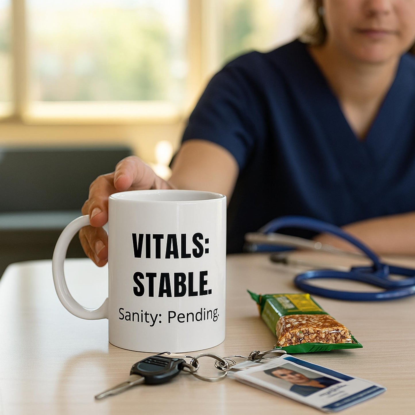 Funny tele nurse gift — ceramic nurse coffee mug reading "Vitals stable. Sanity: pending"