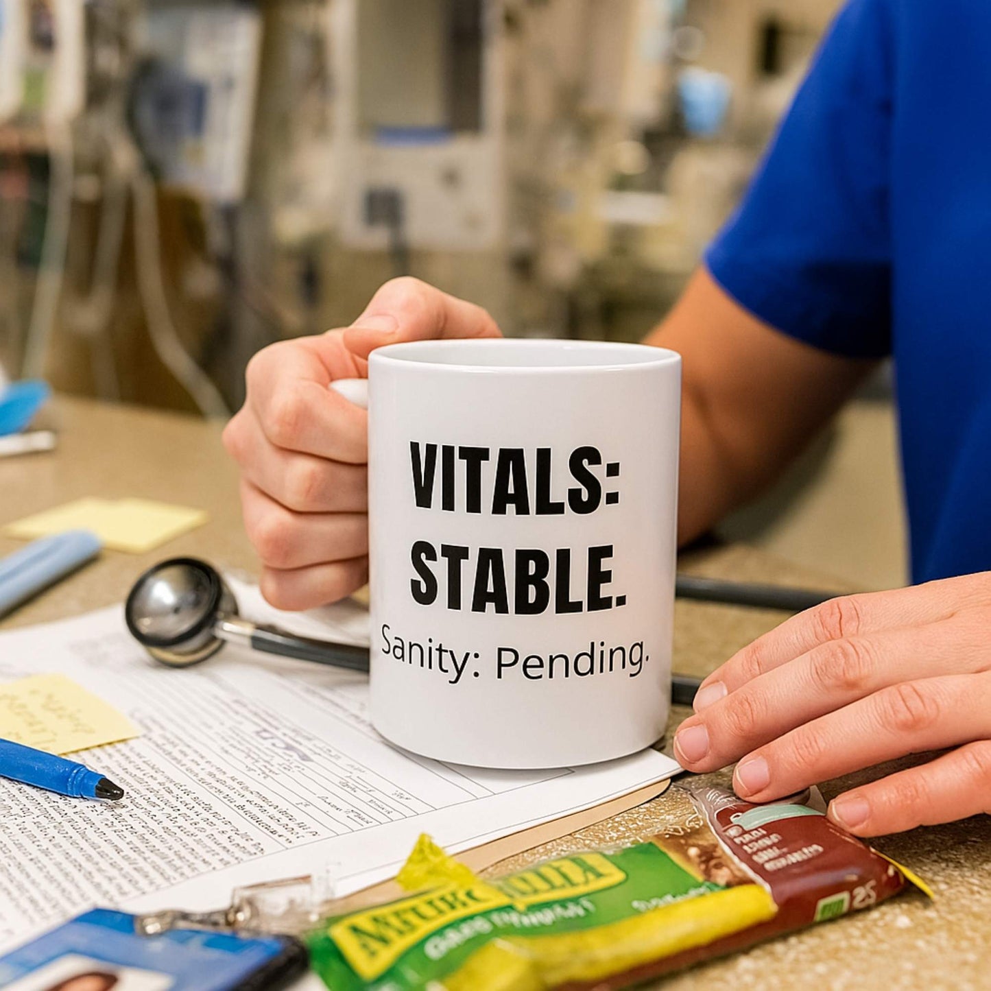 Funny tele nurse gift — ceramic nurse coffee mug reading "Vitals stable. Sanity: pending"
