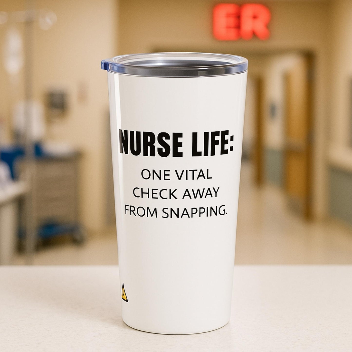 Funny ER nurse gift — 20oz stainless steel nurse tumbler reading "Vitals stable. Sanity: pending. White on"