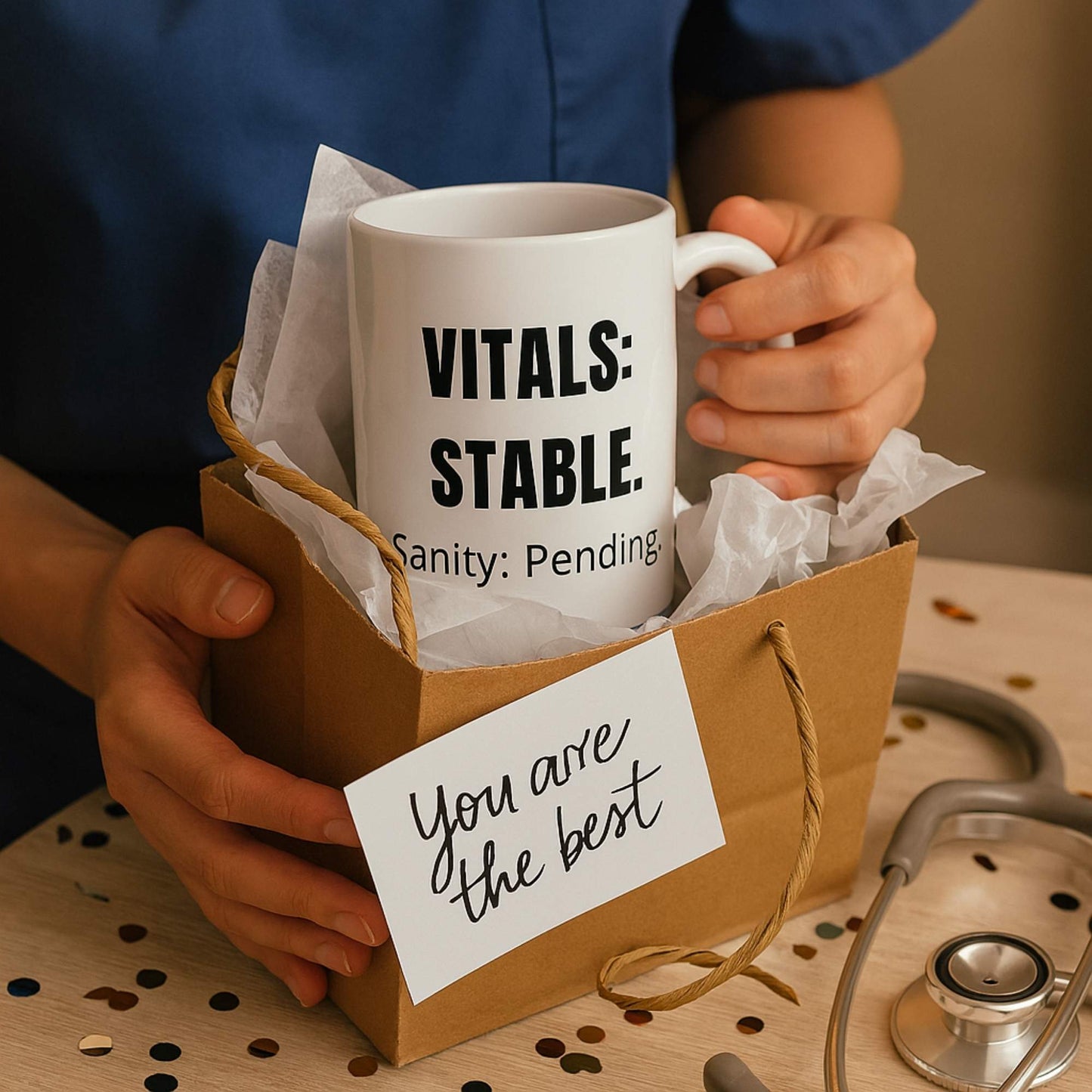 Funny tele nurse gift — ceramic nurse coffee mug reading "Vitals stable. Sanity: pending"