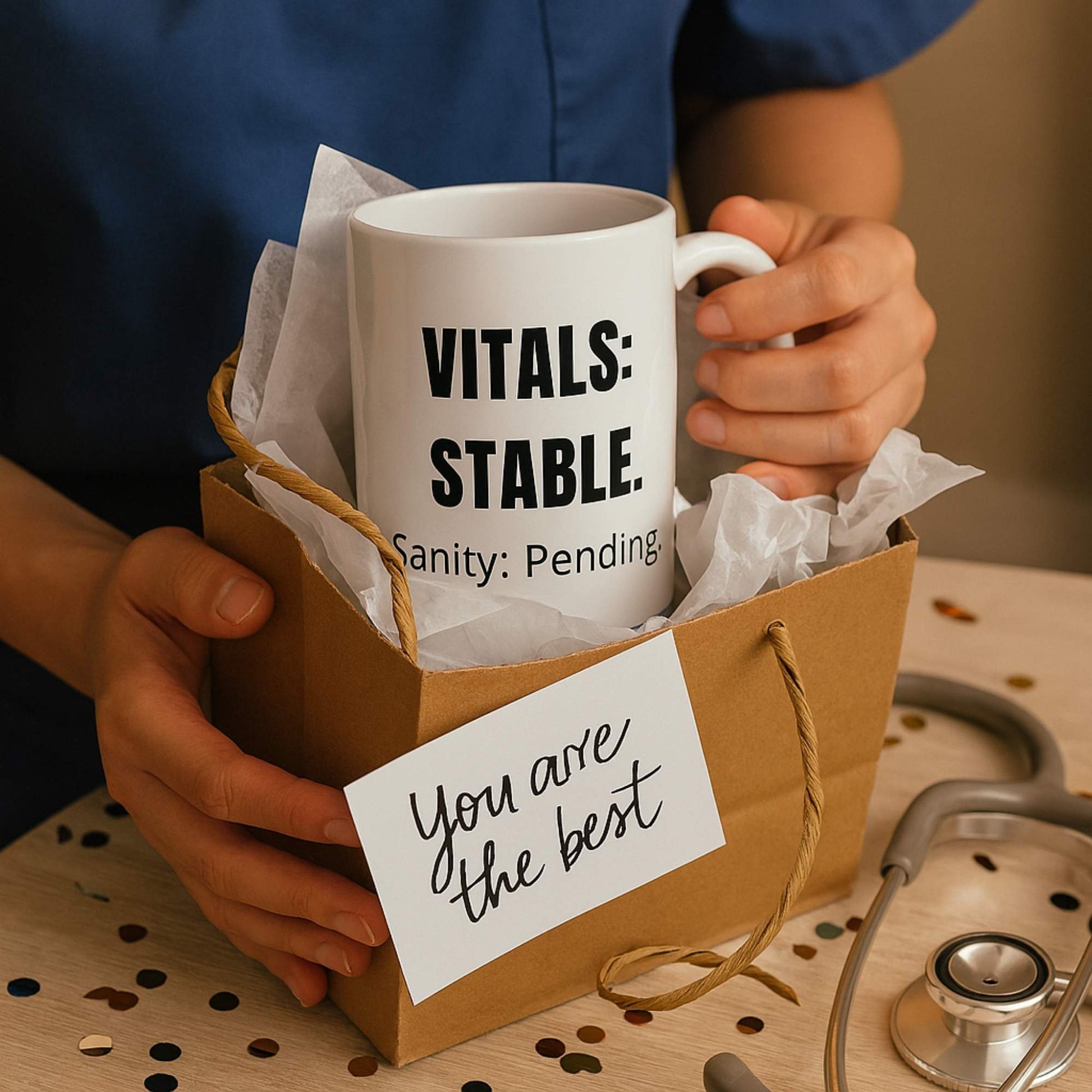 Funny tele nurse gift — ceramic nurse coffee mug reading "Vitals stable. Sanity: pending"