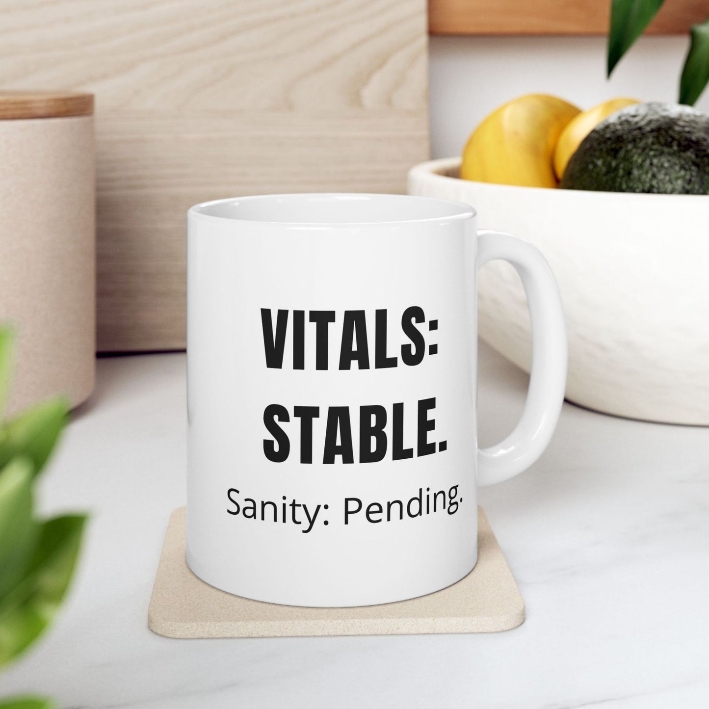 Funny tele nurse gift — ceramic nurse coffee mug reading "Vitals stable. Sanity: pending"