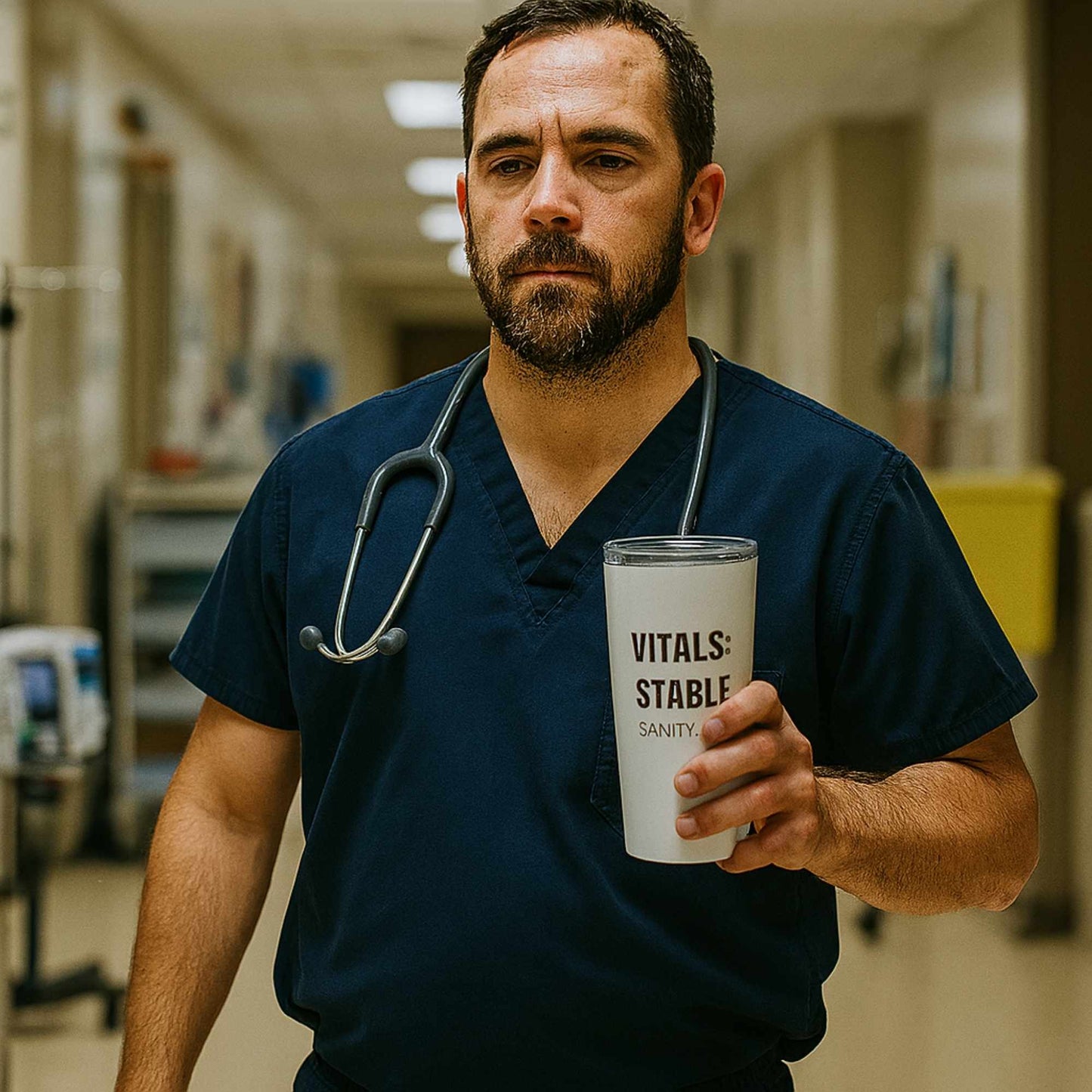 Funny ER nurse gift — 20oz stainless steel nurse tumbler reading "Vitals stable. Sanity: pending. White on"