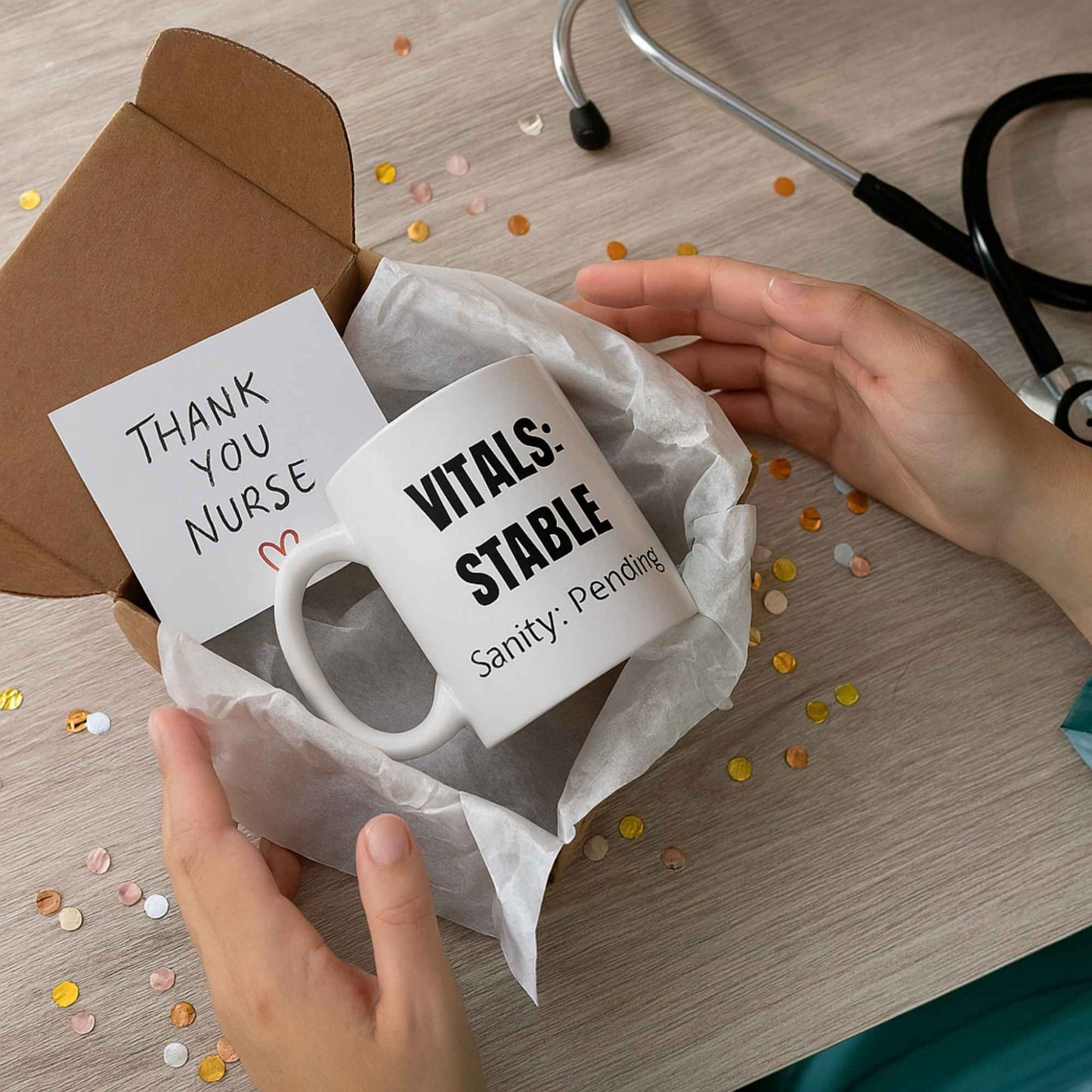 Funny tele nurse gift — ceramic nurse coffee mug reading "Vitals stable. Sanity: pending"