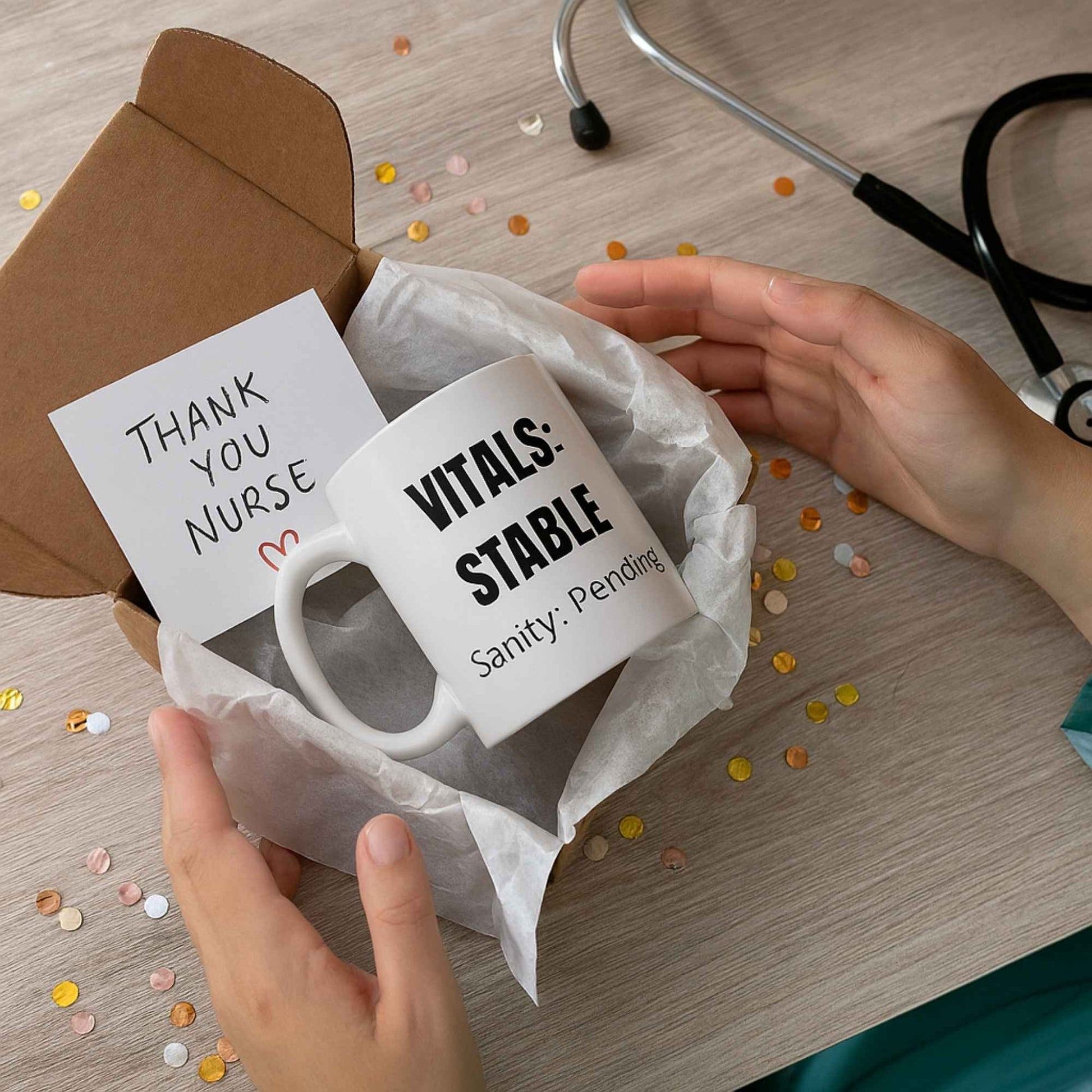 Funny tele nurse gift — ceramic nurse coffee mug reading "Vitals stable. Sanity: pending"